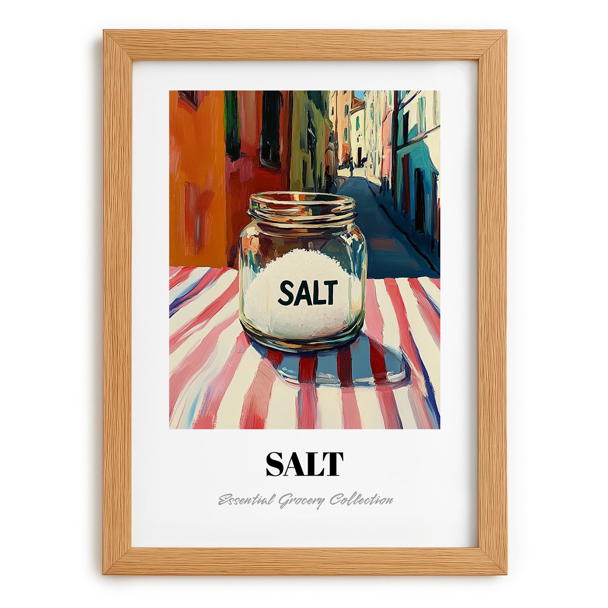 Salt – Italian Outdoor Café Scene, Spices Still Life, set in oak frame