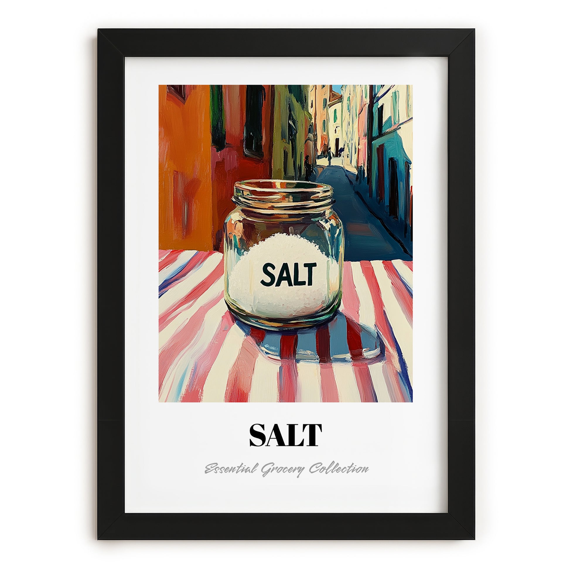 Salt – Italian Outdoor Café Scene, Spices Still Life, in sleek black frame