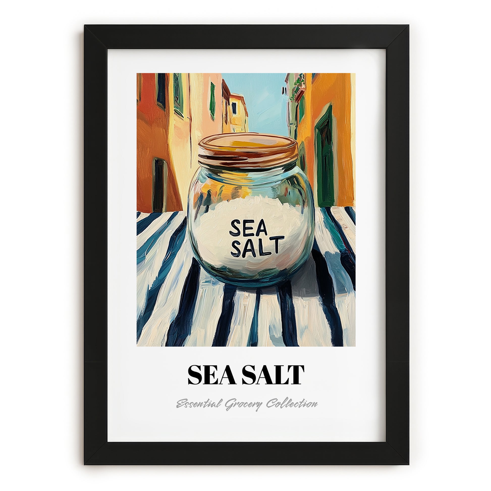 Sea Salt – Italian Café on the Corner, Spices Painting, in sleek black frame