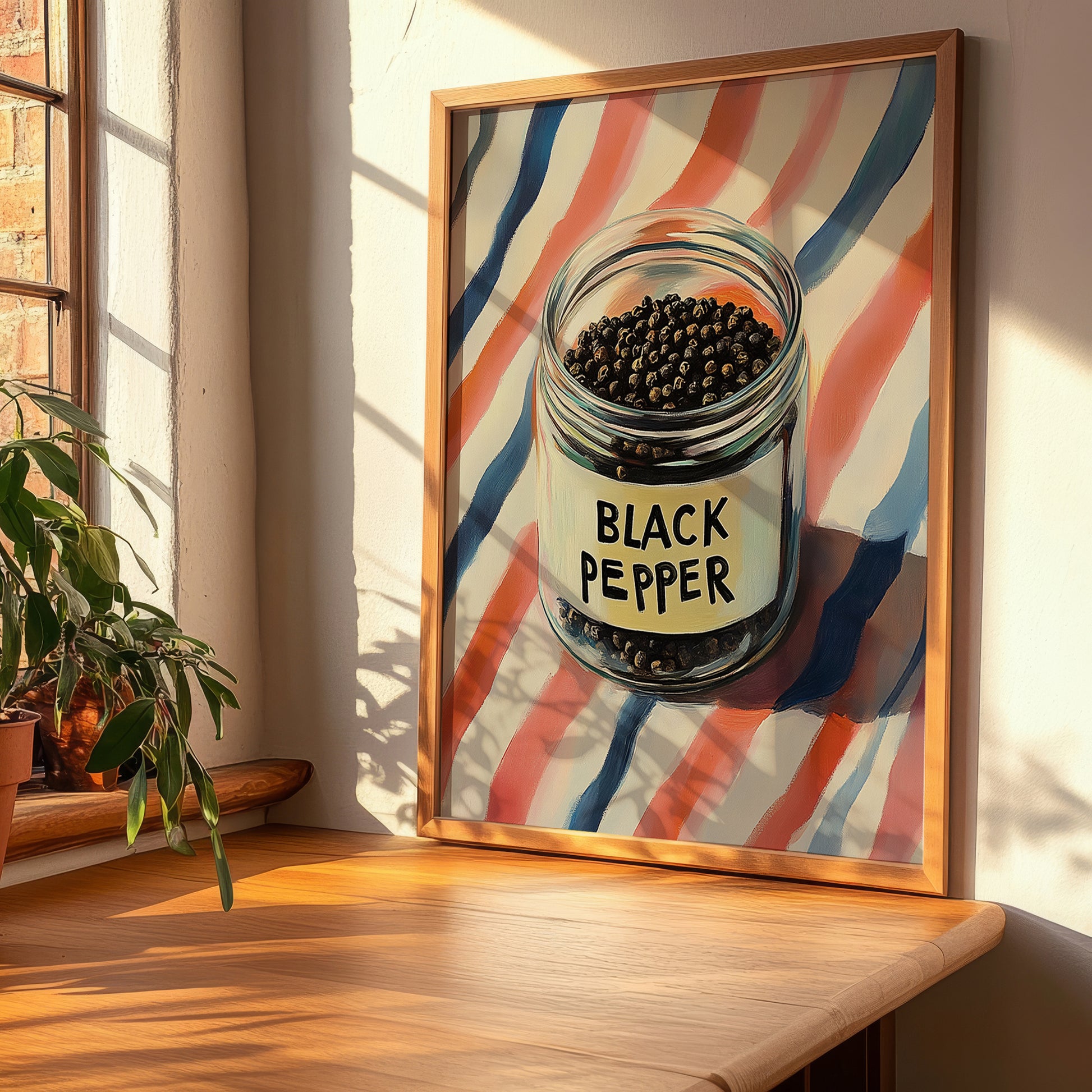 Black Pepper – on Striped Tablecloth, Spices Wall Decor, clean layout with no caption