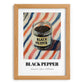 Black Pepper – on Striped Tablecloth, Spices Wall Decor, set in oak frame