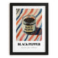 Black Pepper – on Striped Tablecloth, Spices Wall Decor, in sleek black frame