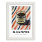 Black Pepper – on Striped Tablecloth, Spices Wall Decor, placed in minimal white frame