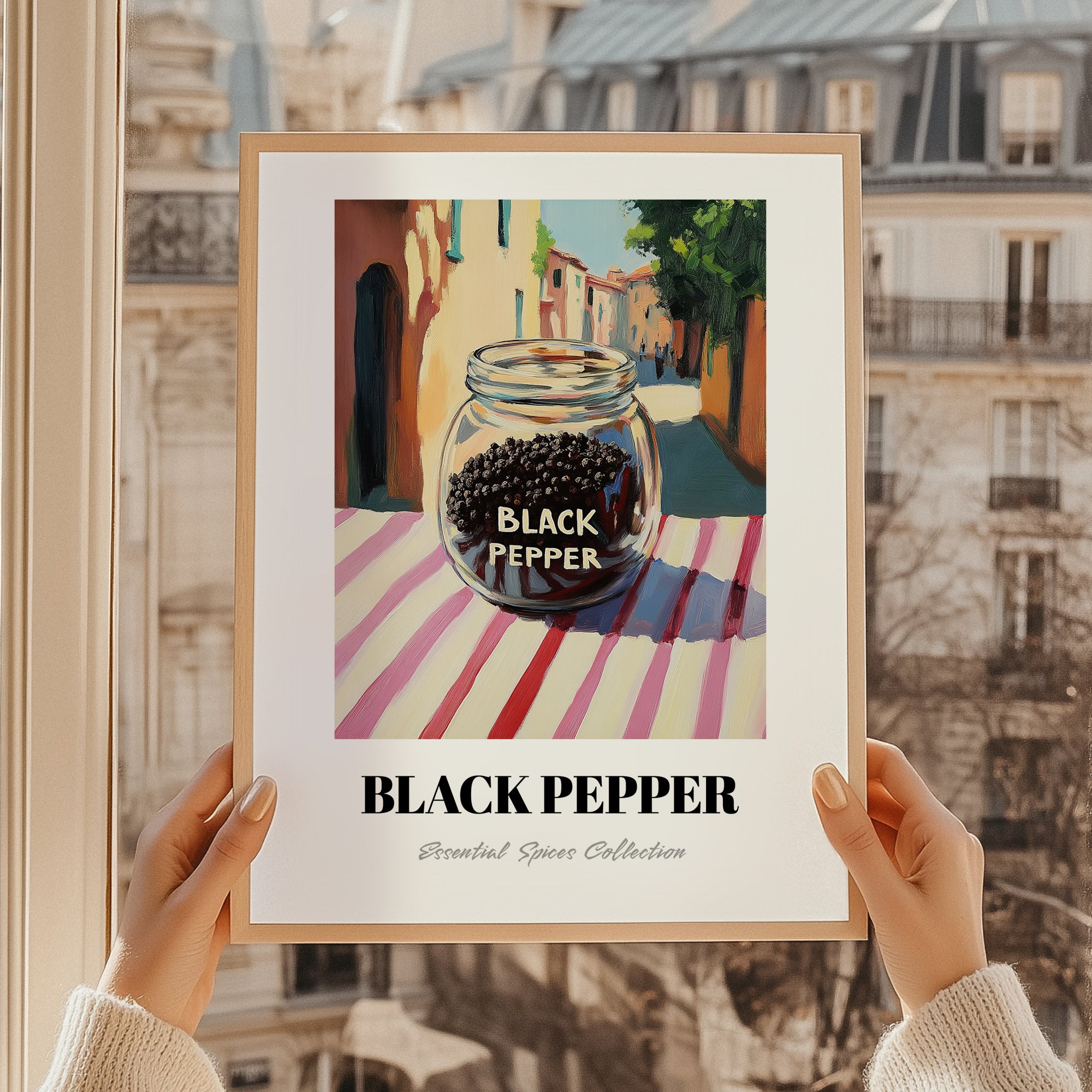 Black Pepper – Italian Outdoor Café Scene, Spices Art, styled in a charming Paris street view