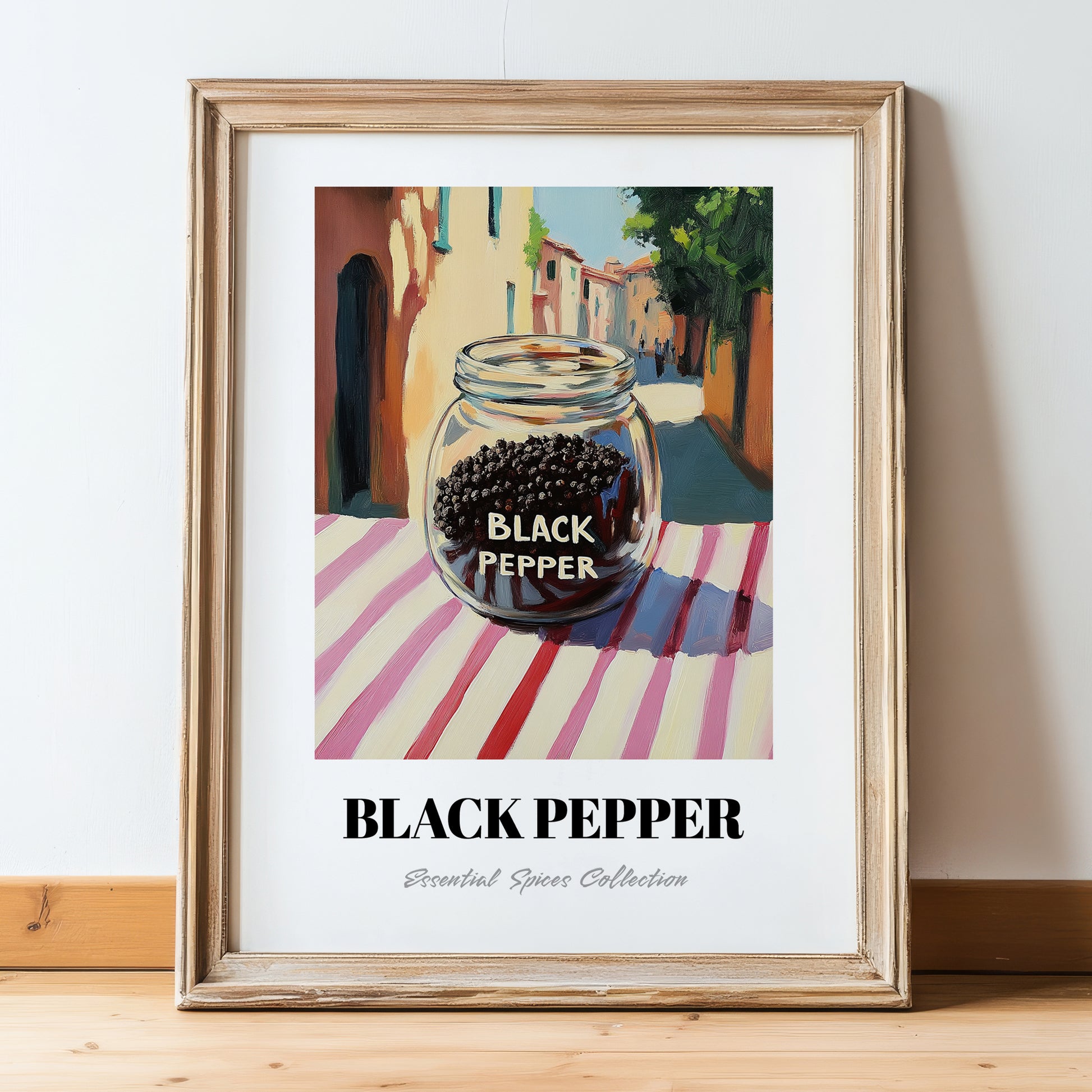 Black Pepper – Italian Outdoor Café Scene, Spices Art, in wooden frame leaning on the floor