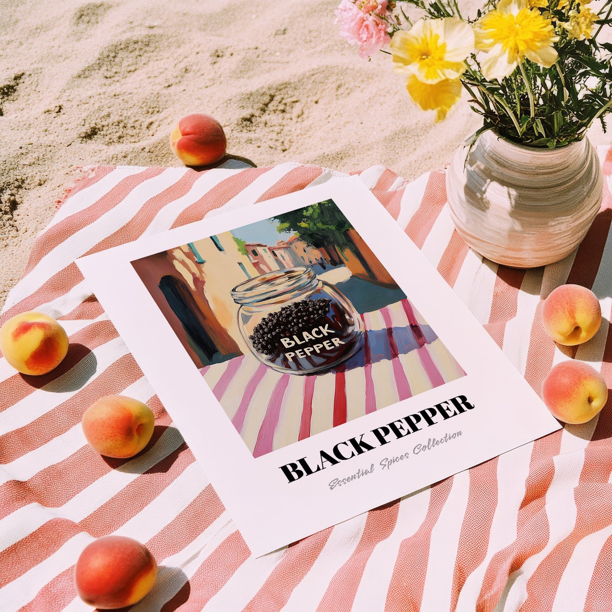 Black Pepper – Italian Outdoor Café Scene, Spices Art, unframed on coastal sand