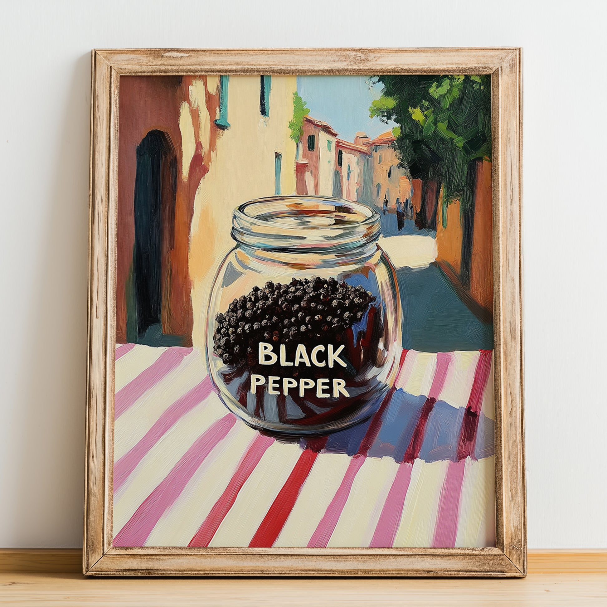 Black Pepper – Italian Outdoor Café Scene, Spices Art, no-text version framed in wood