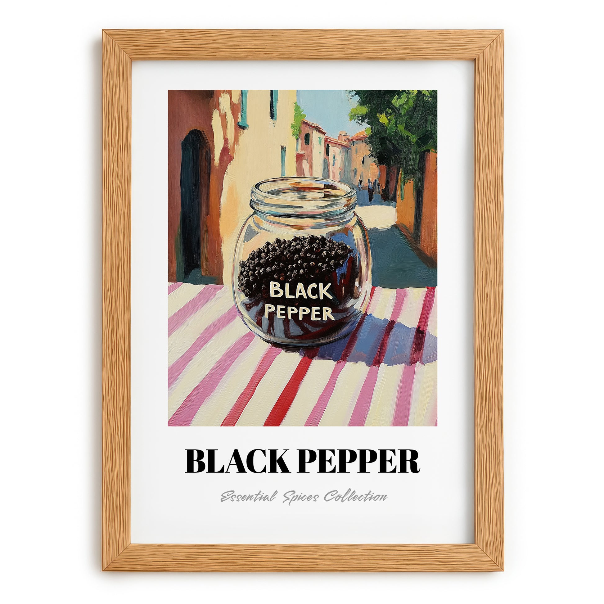 Black Pepper – Italian Outdoor Café Scene, Spices Art, set in oak frame