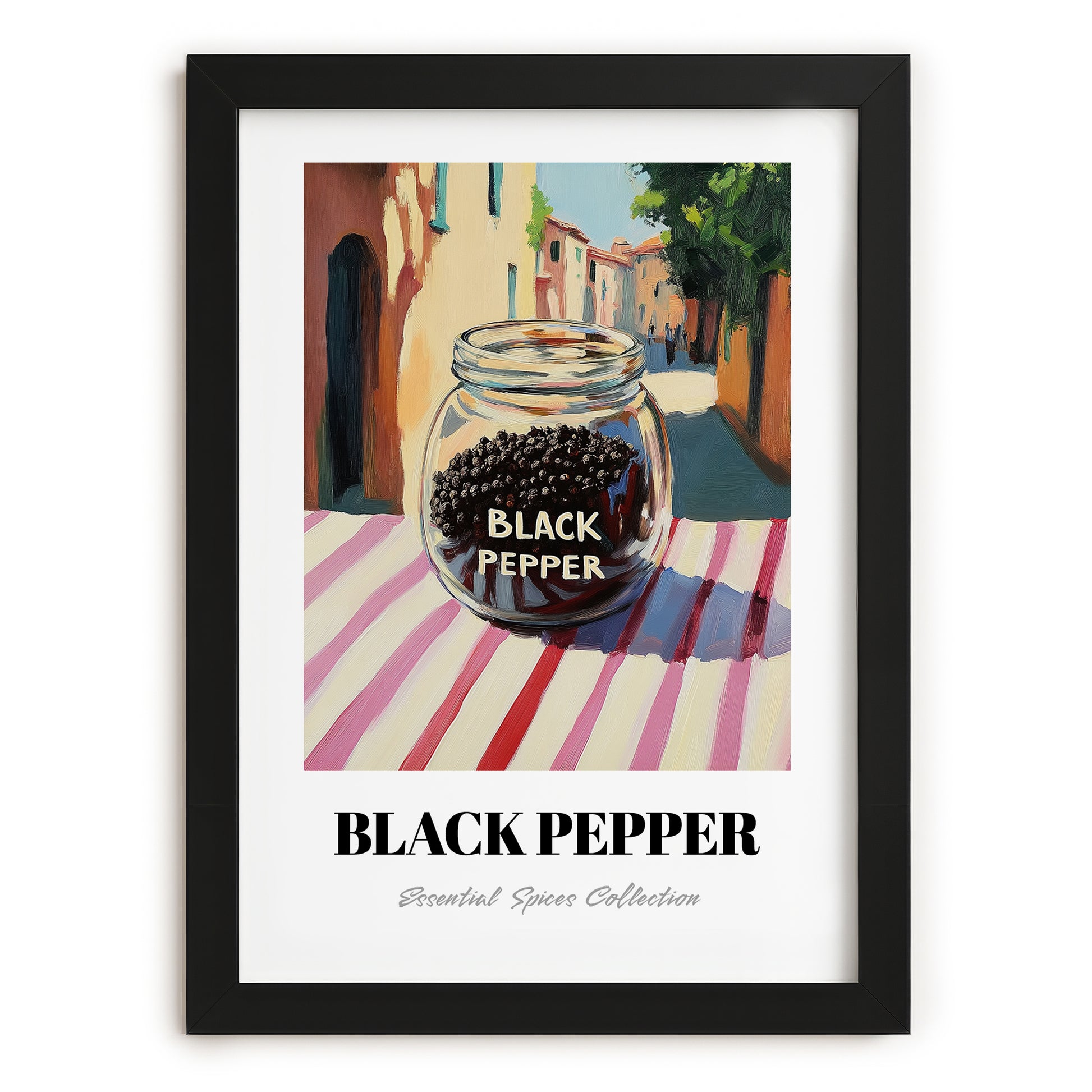 Black Pepper – Italian Outdoor Café Scene, Spices Art, in sleek black frame
