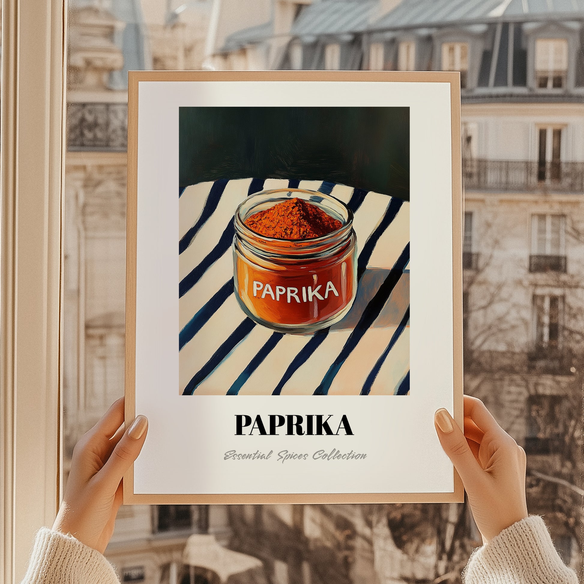 Paprika – on Striped Tablecloth, Spices Wall Decor, styled in a charming Paris street view