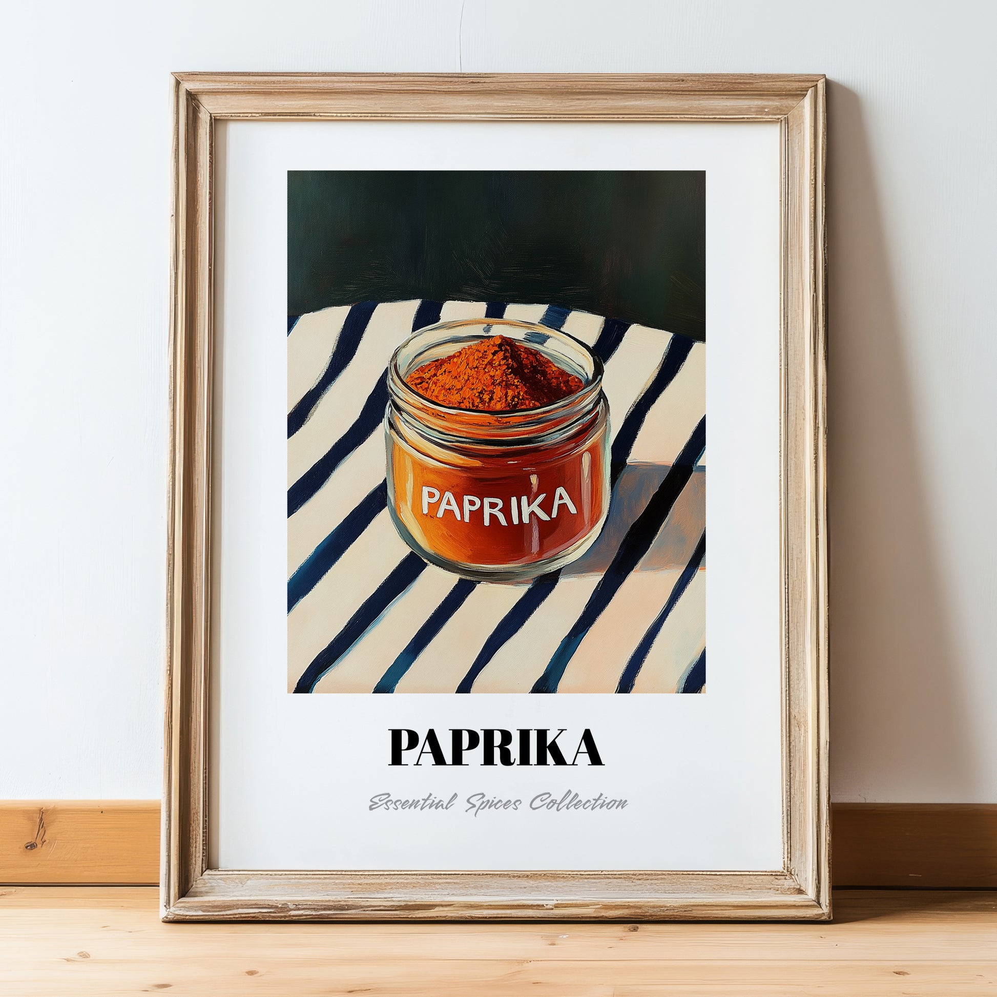 Paprika – on Striped Tablecloth, Spices Wall Decor, in wooden frame leaning on the floor