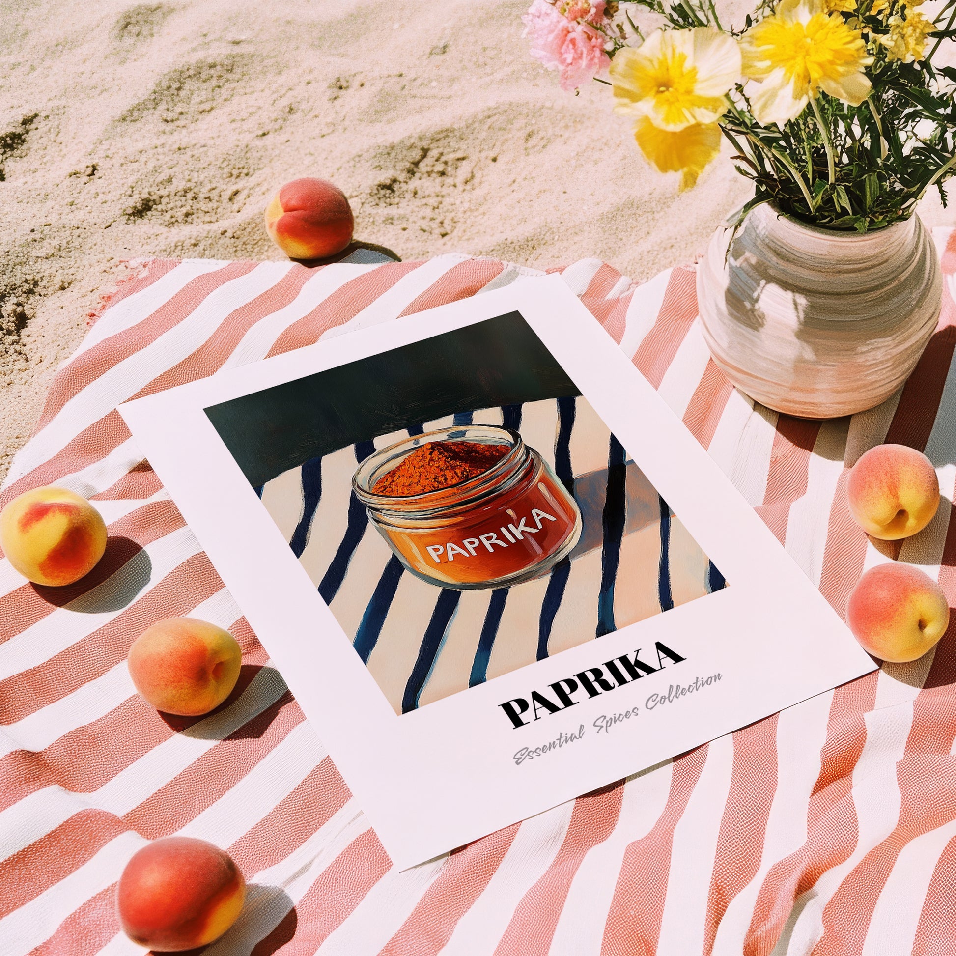 Paprika – on Striped Tablecloth, Spices Wall Decor, unframed on coastal sand