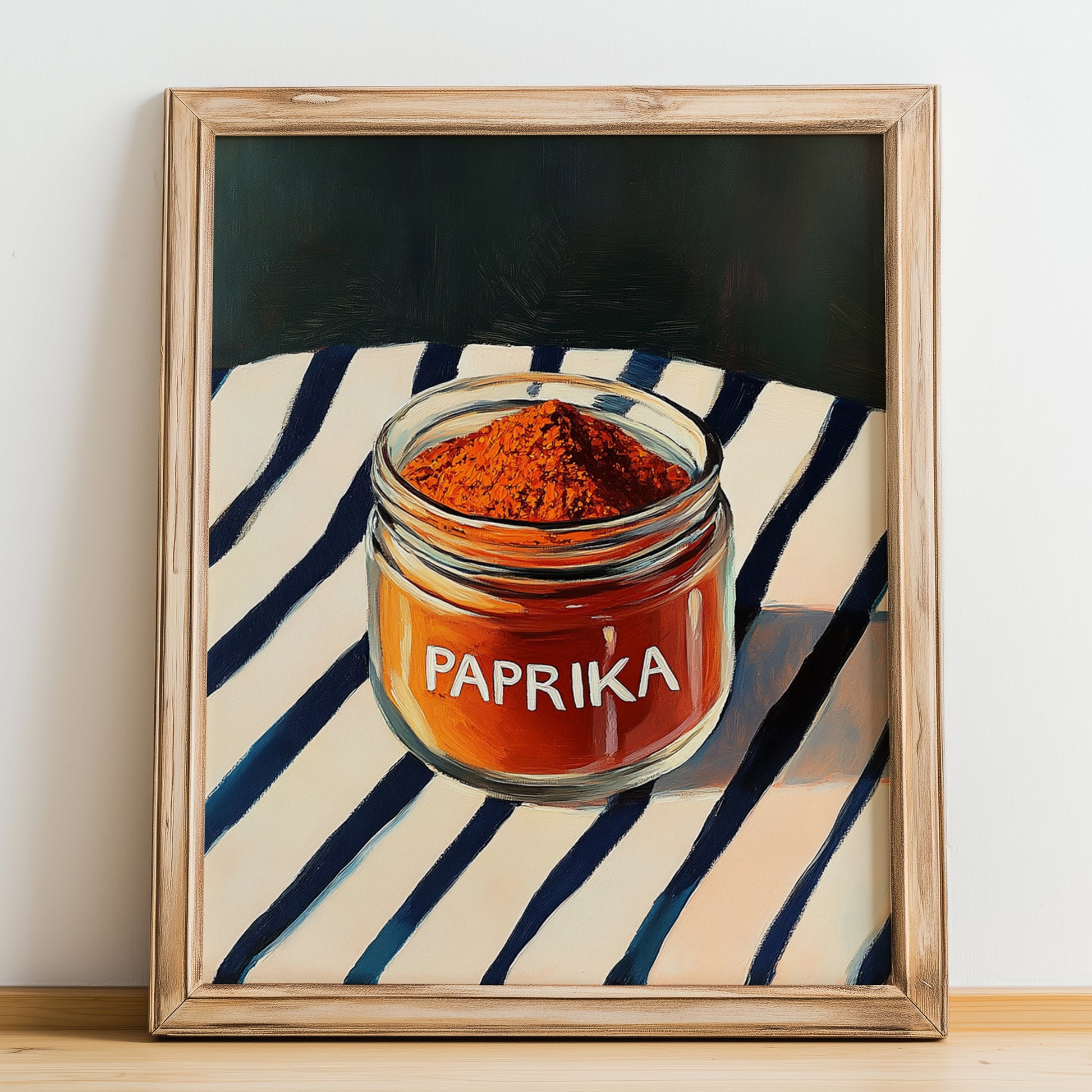 Paprika – on Striped Tablecloth, Spices Wall Decor, no-text version framed in wood