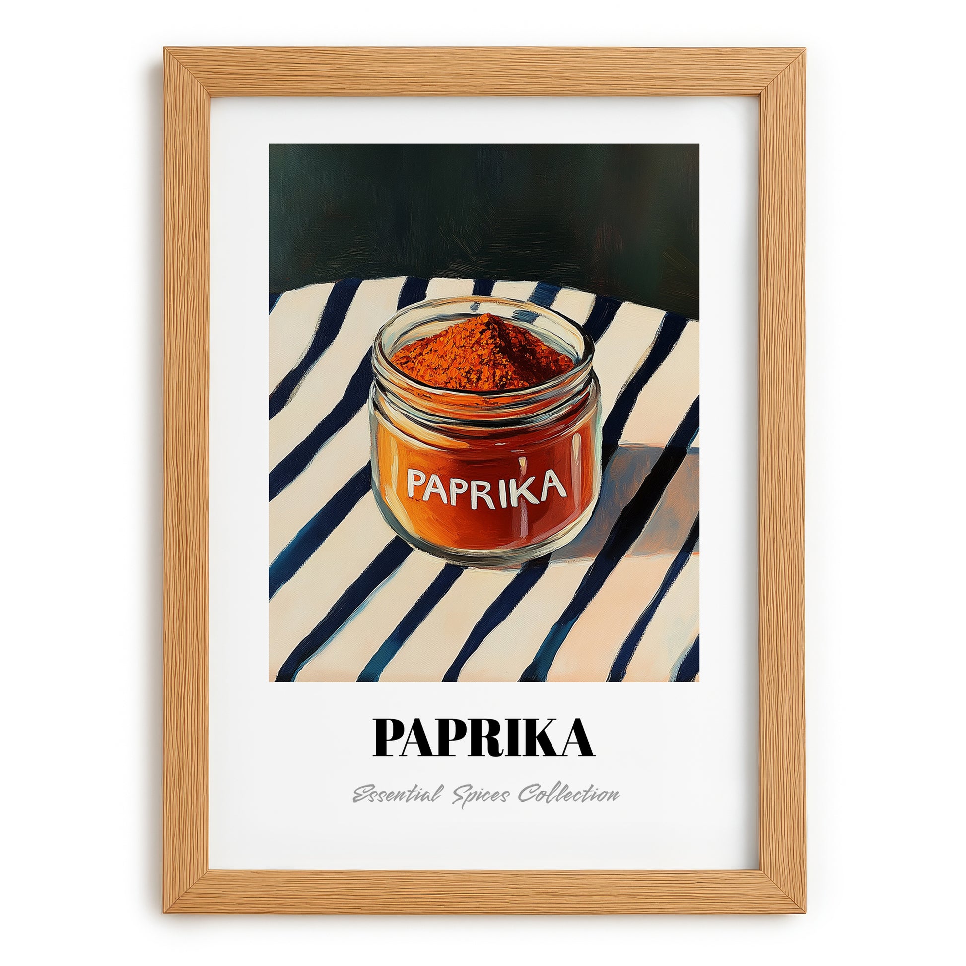 Paprika – on Striped Tablecloth, Spices Wall Decor, set in oak frame