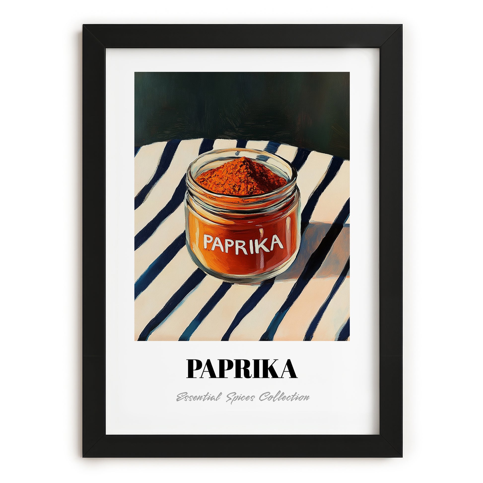 Paprika – on Striped Tablecloth, Spices Wall Decor, in sleek black frame