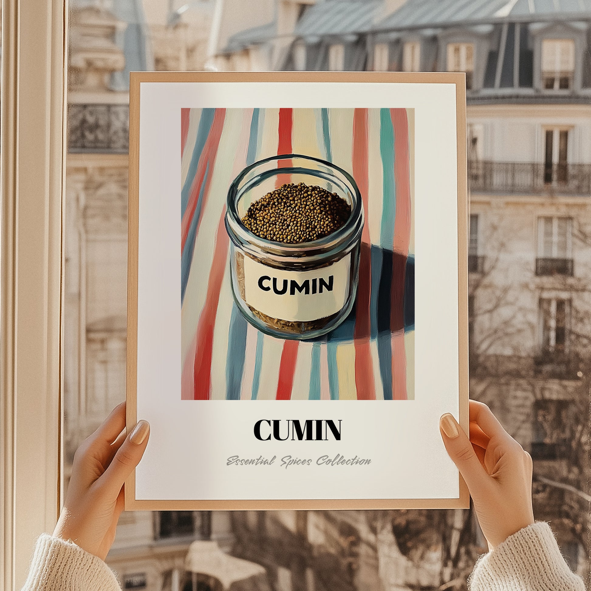 Cumin – on Striped Tablecloth, Spices Painting, styled in a charming Paris street view