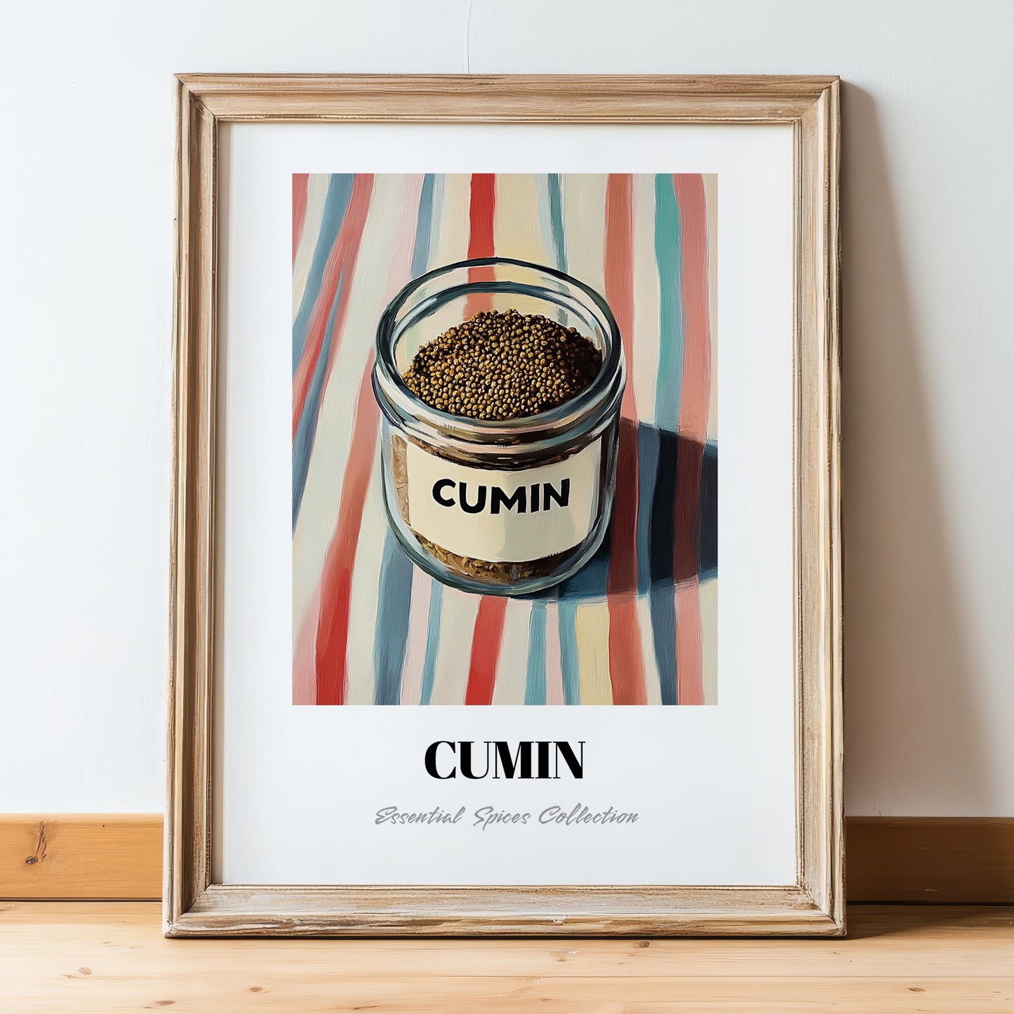 Cumin – on Striped Tablecloth, Spices Painting, in wooden frame leaning on the floor