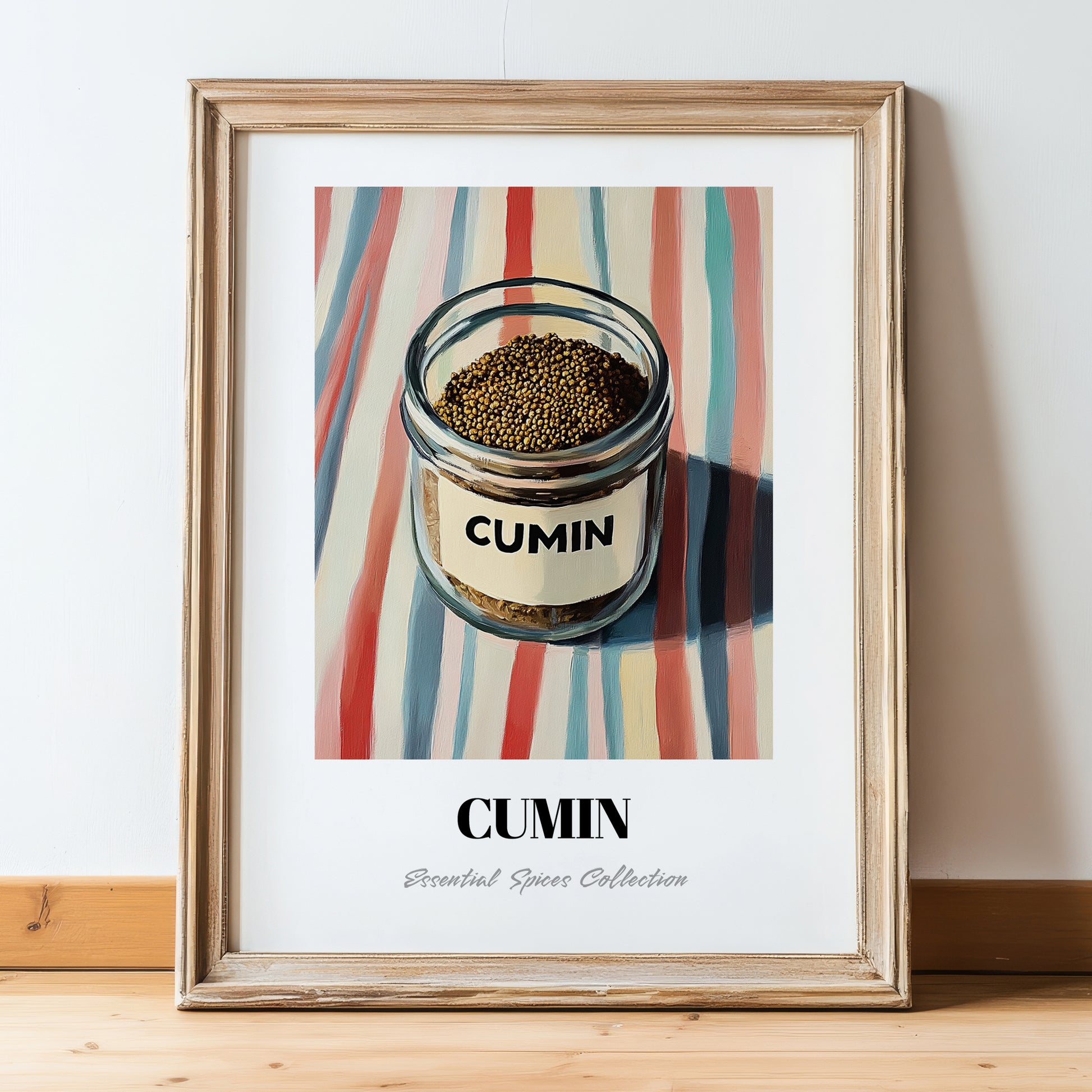 Cumin – on Striped Tablecloth, Spices Painting, in wooden frame leaning on the floor