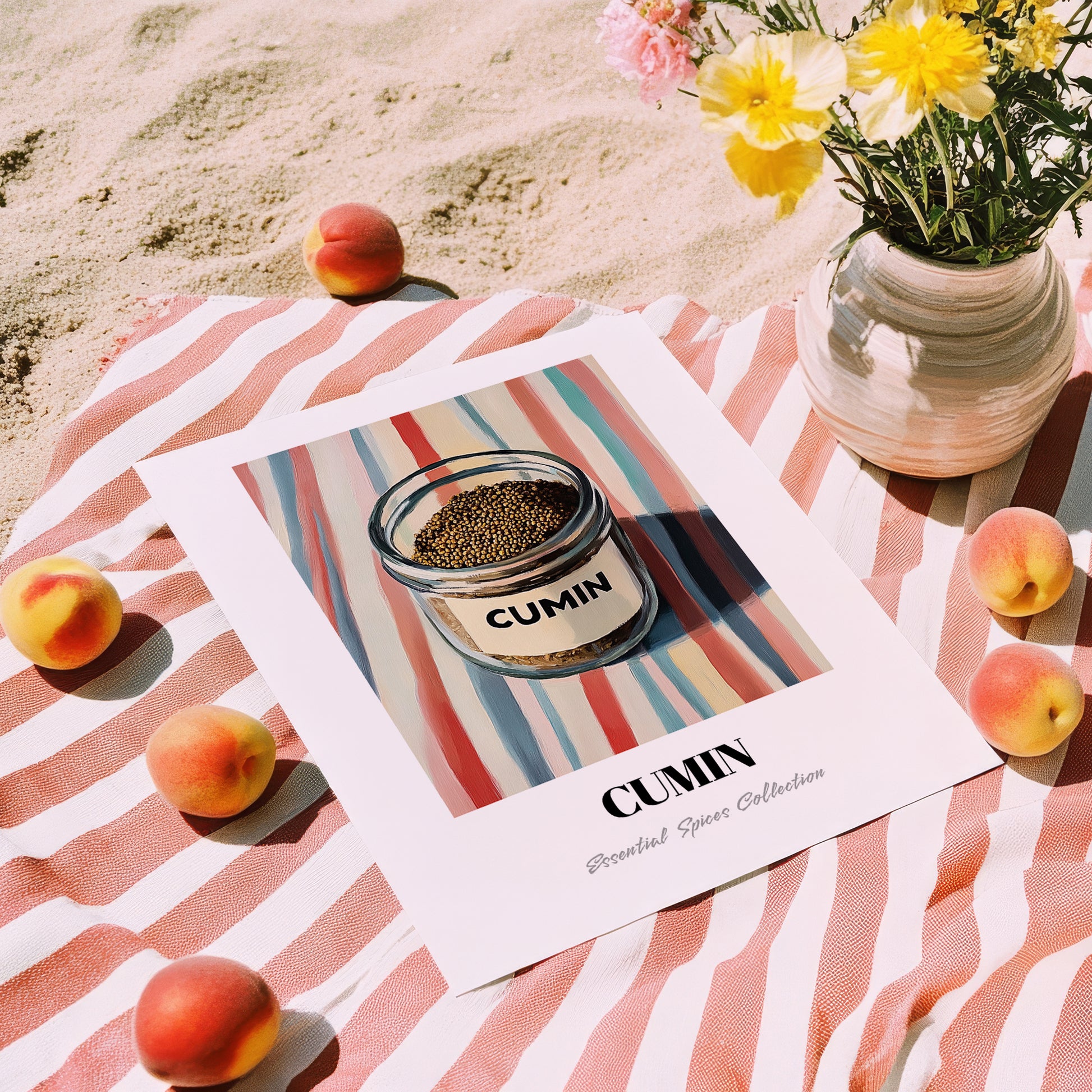 Cumin – on Striped Tablecloth, Spices Painting, unframed on coastal sand