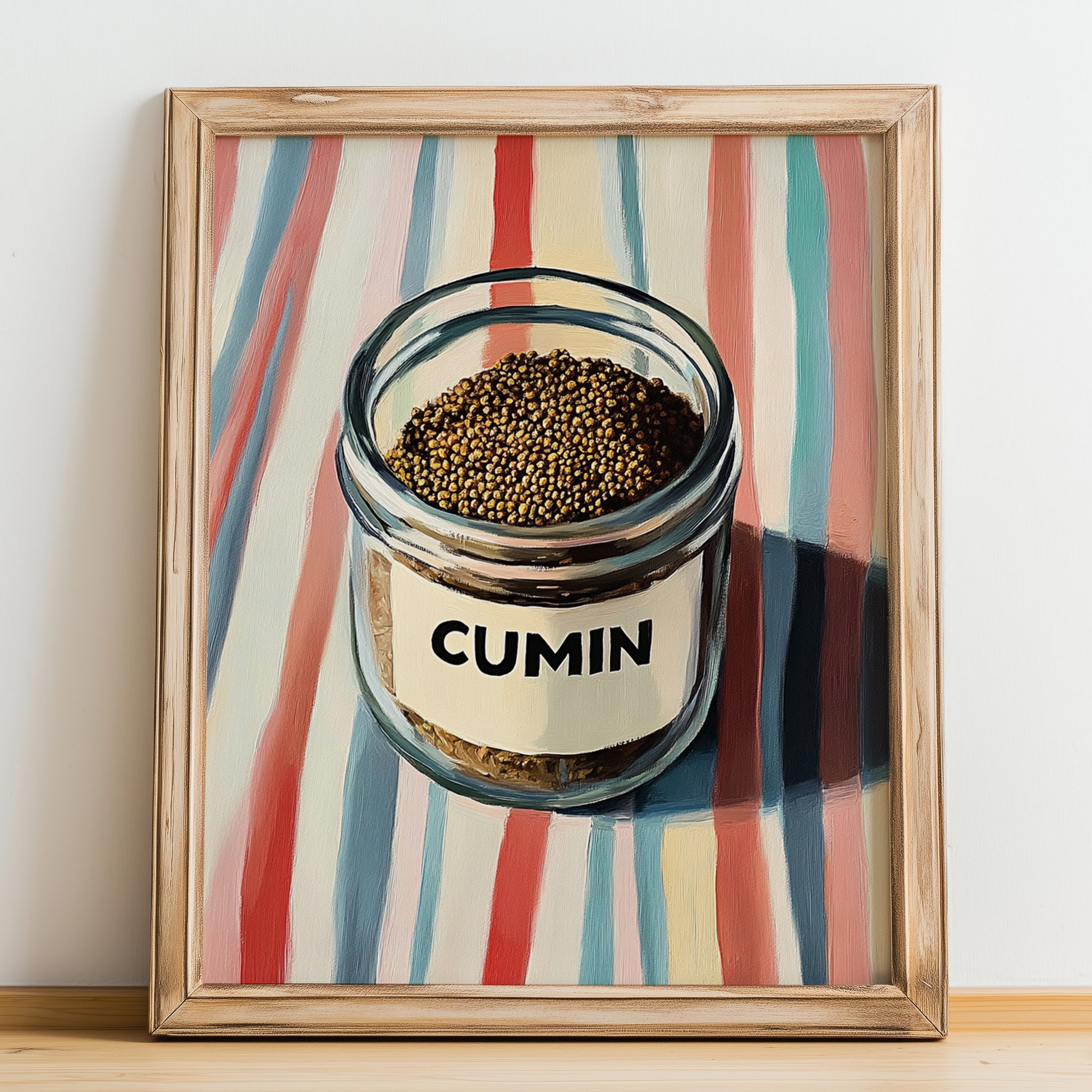 Cumin – on Striped Tablecloth, Spices Painting, no-text version framed in wood