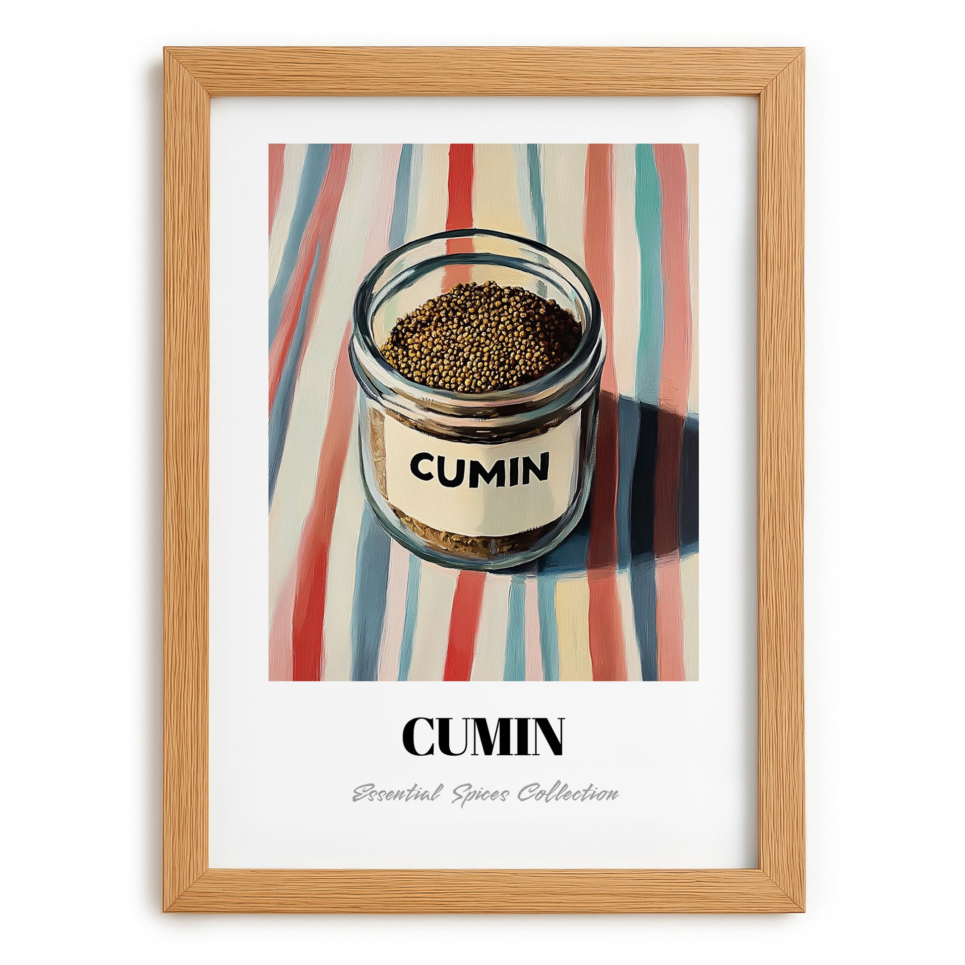 Cumin – on Striped Tablecloth, Spices Painting, set in oak frame