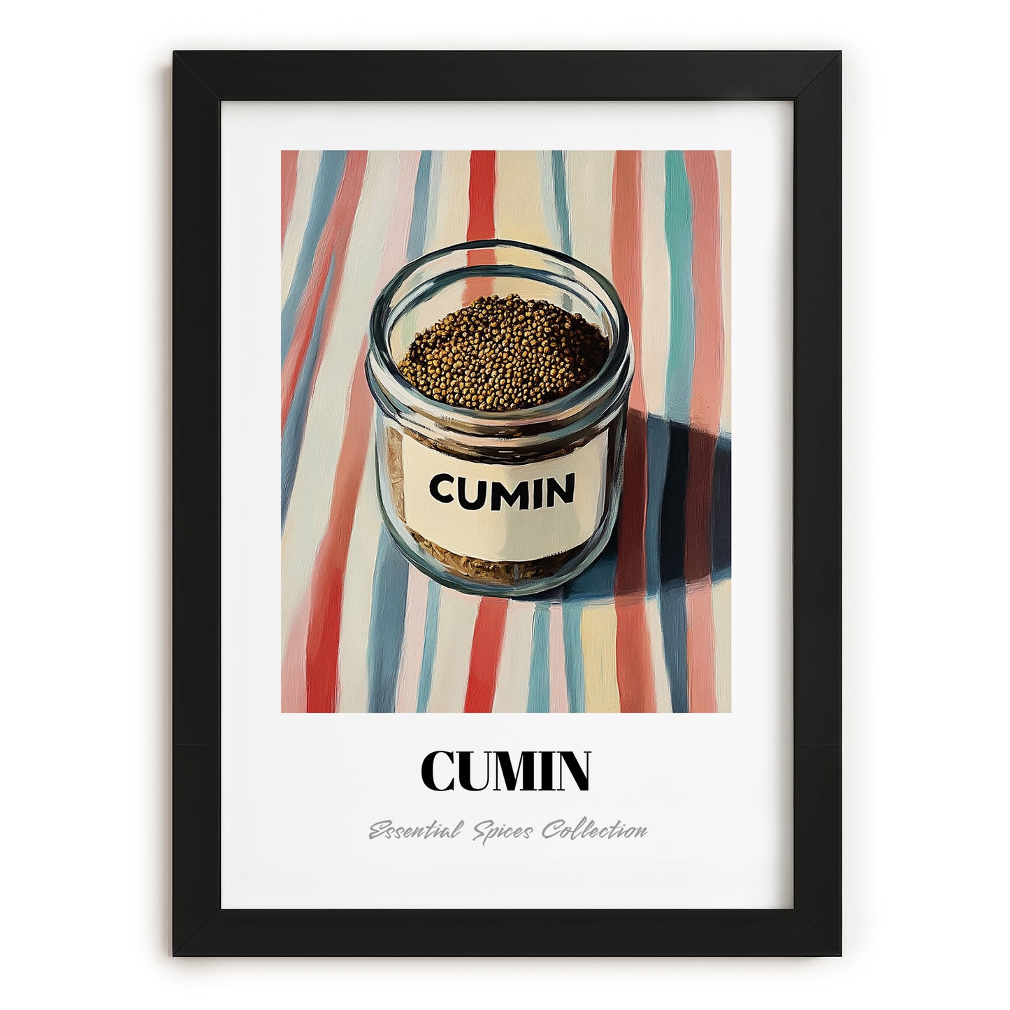 Cumin – on Striped Tablecloth, Spices Painting, in sleek black frame