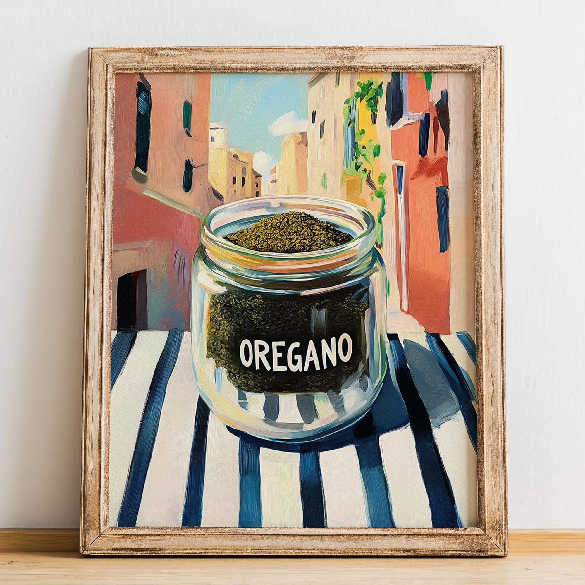 Oregano – Italian Outdoor Café Scene, Spices Still Life, no-text version framed in wood