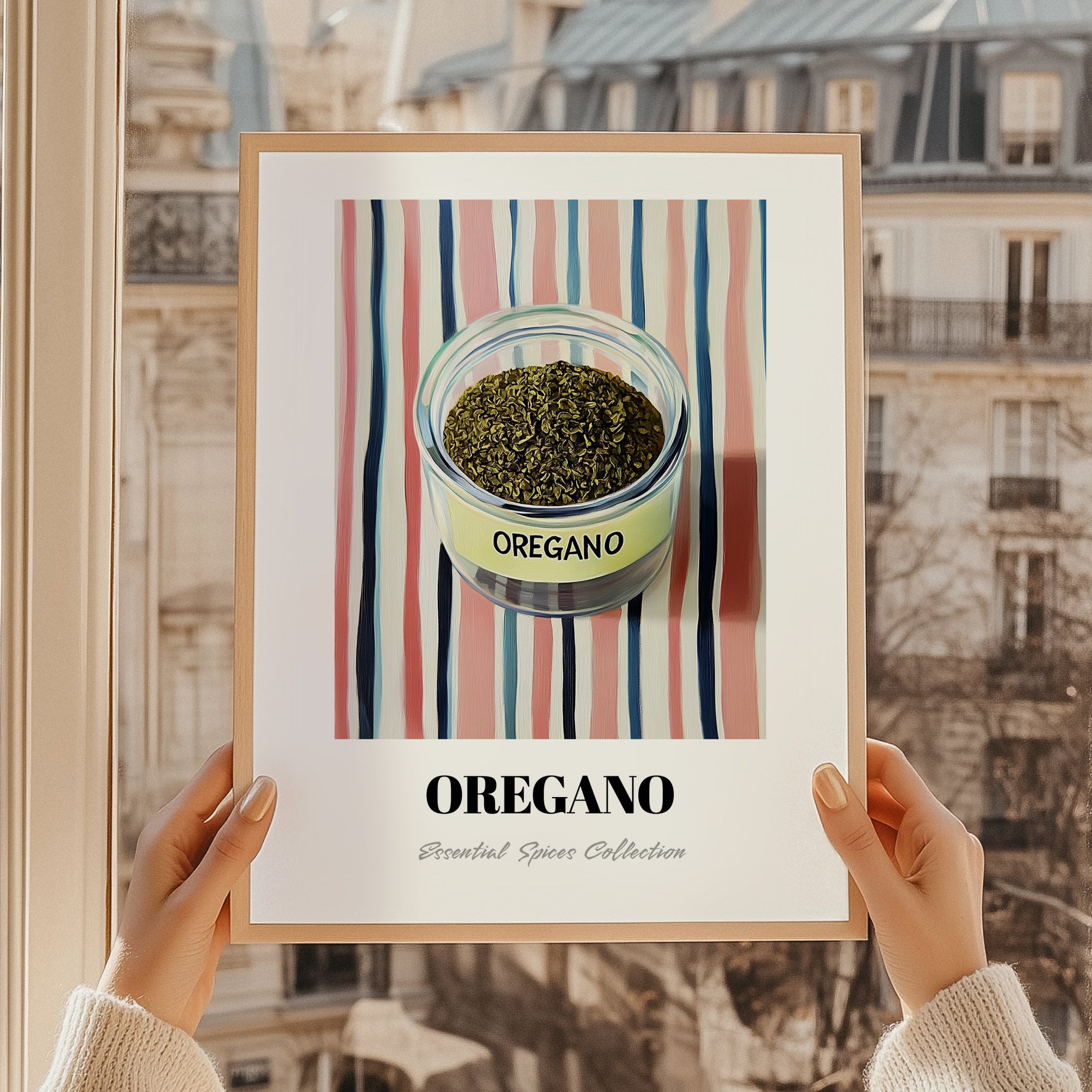 Oregano – on Striped Tablecloth, Spices Wall Decor, styled in a charming Paris street view