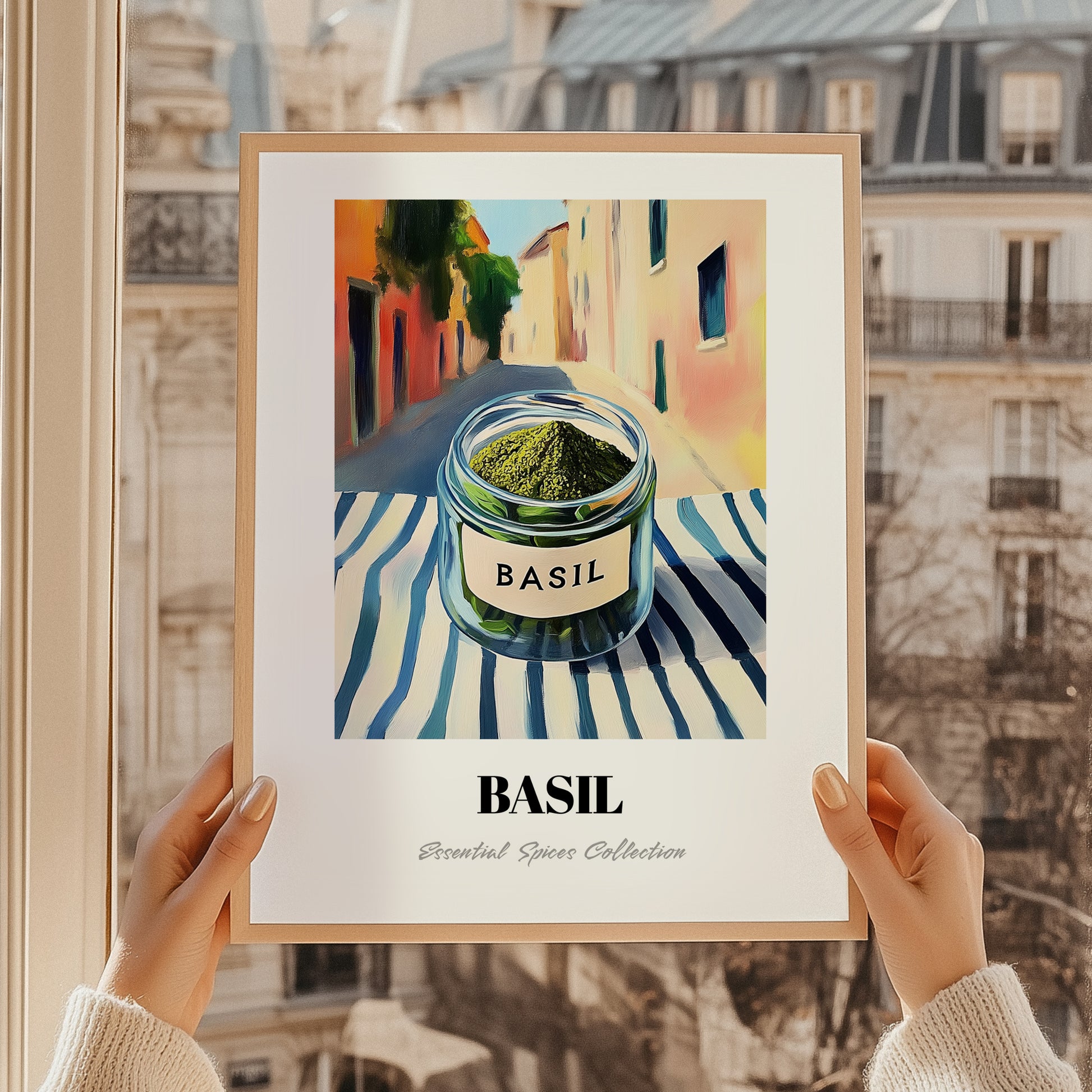 Basil – Italian Outdoor Café Scene, Spices Painting, styled in a charming Paris street view