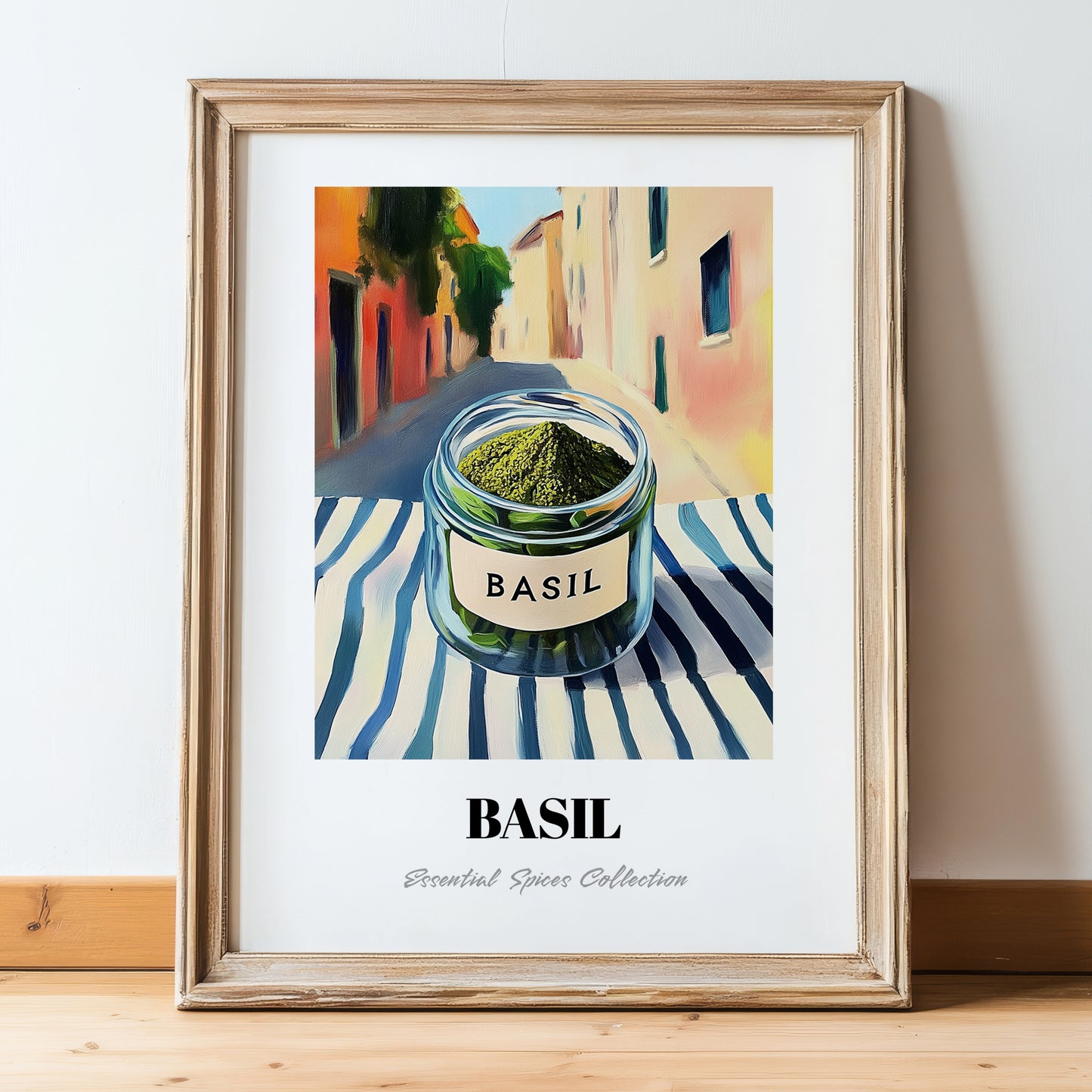 Basil – Italian Outdoor Café Scene, Spices Painting, in wooden frame leaning on the floor