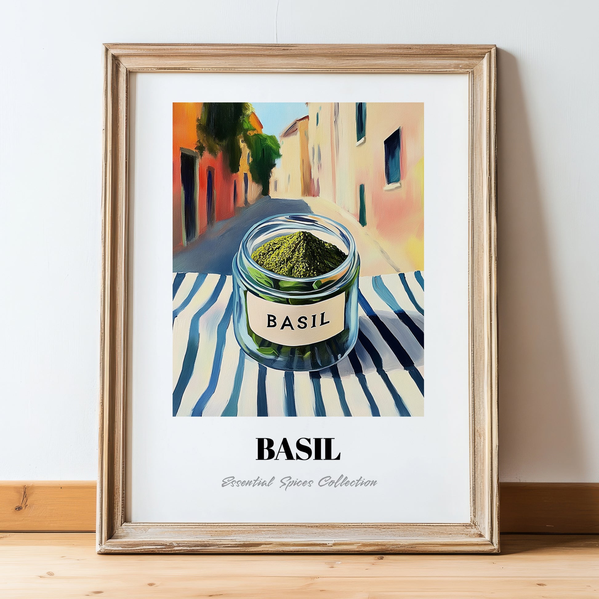 Basil – Italian Outdoor Café Scene, Spices Painting, in wooden frame leaning on the floor