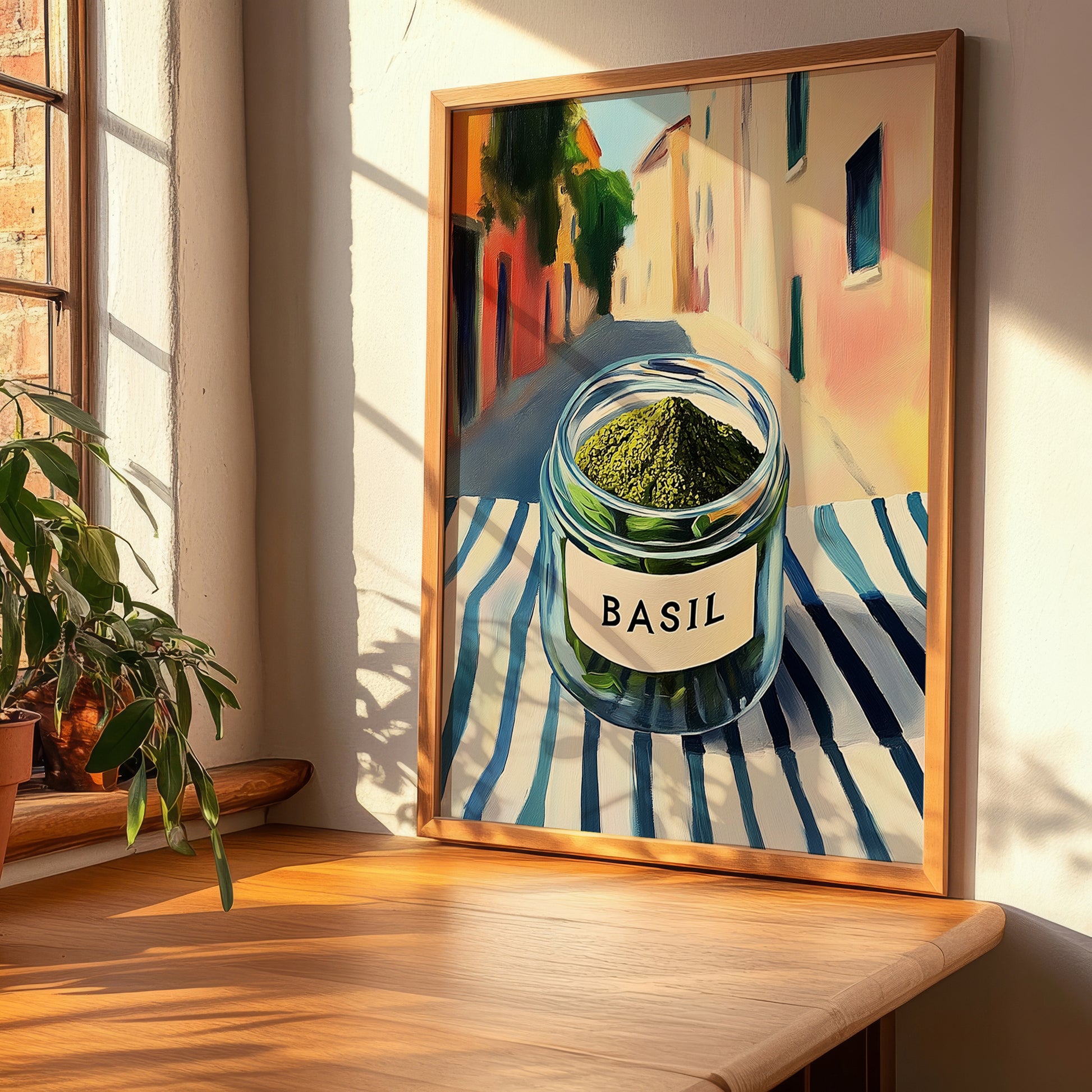 Basil – Italian Outdoor Café Scene, Spices Painting, clean layout with no caption