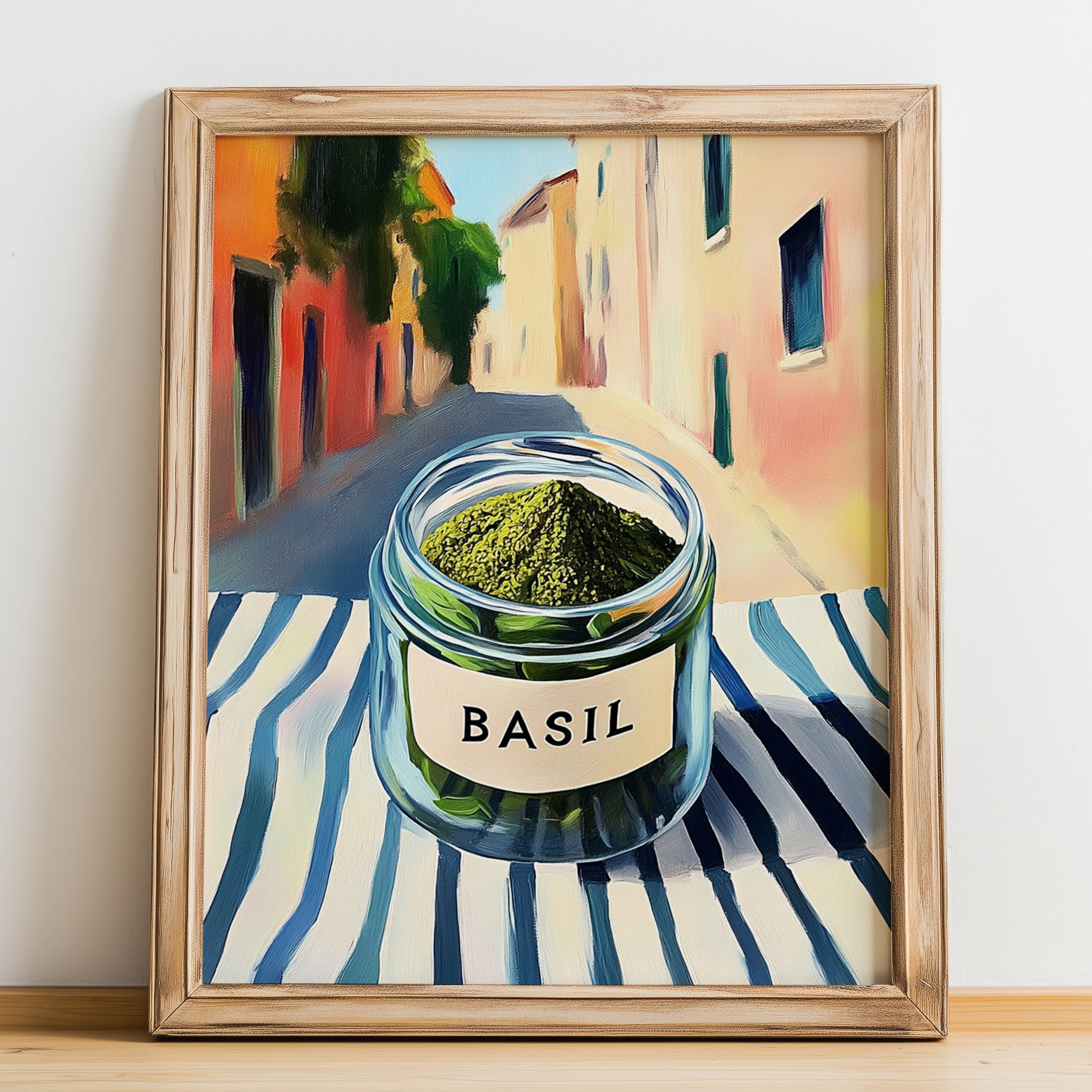 Basil – Italian Outdoor Café Scene, Spices Painting, no-text version framed in wood