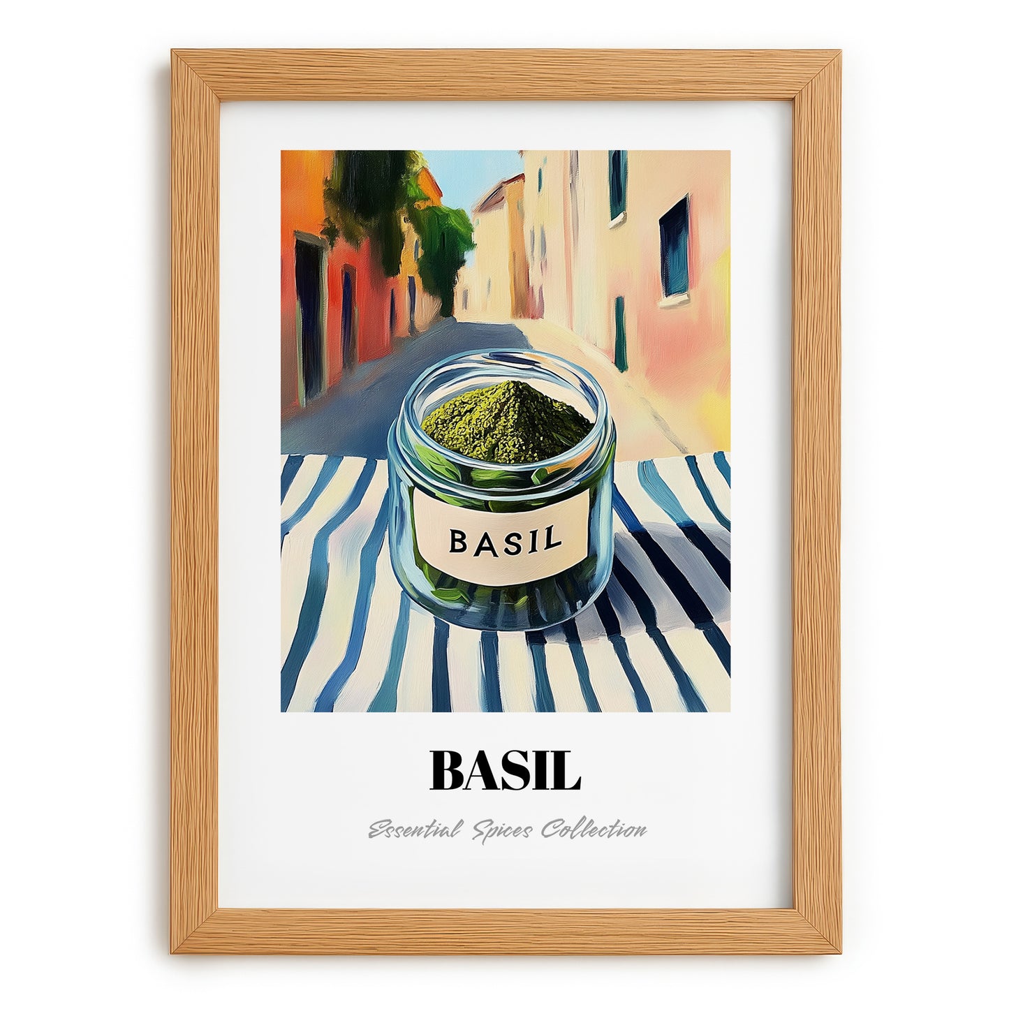 Basil – Italian Outdoor Café Scene, Spices Painting, set in oak frame