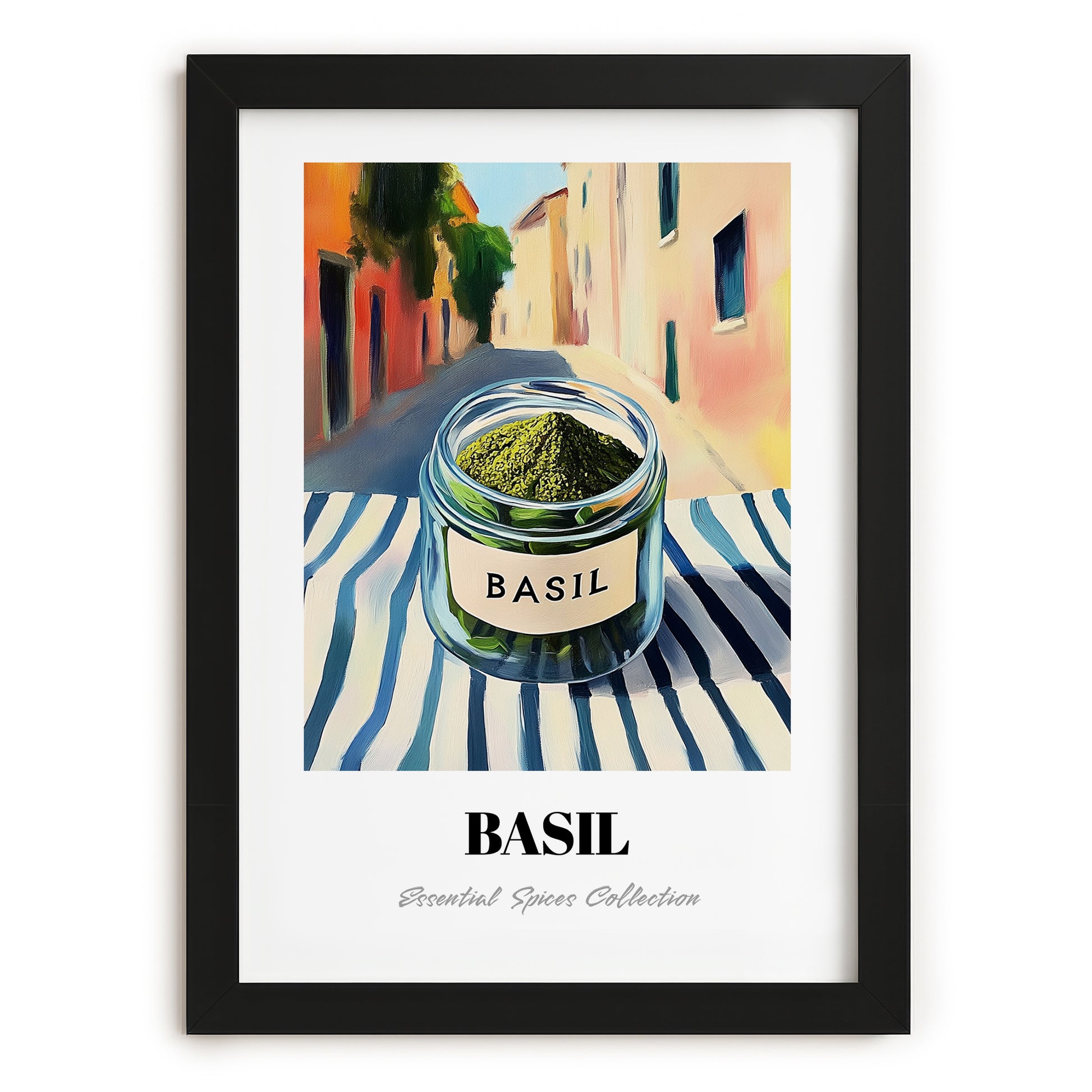 Basil – Italian Outdoor Café Scene, Spices Painting, in sleek black frame