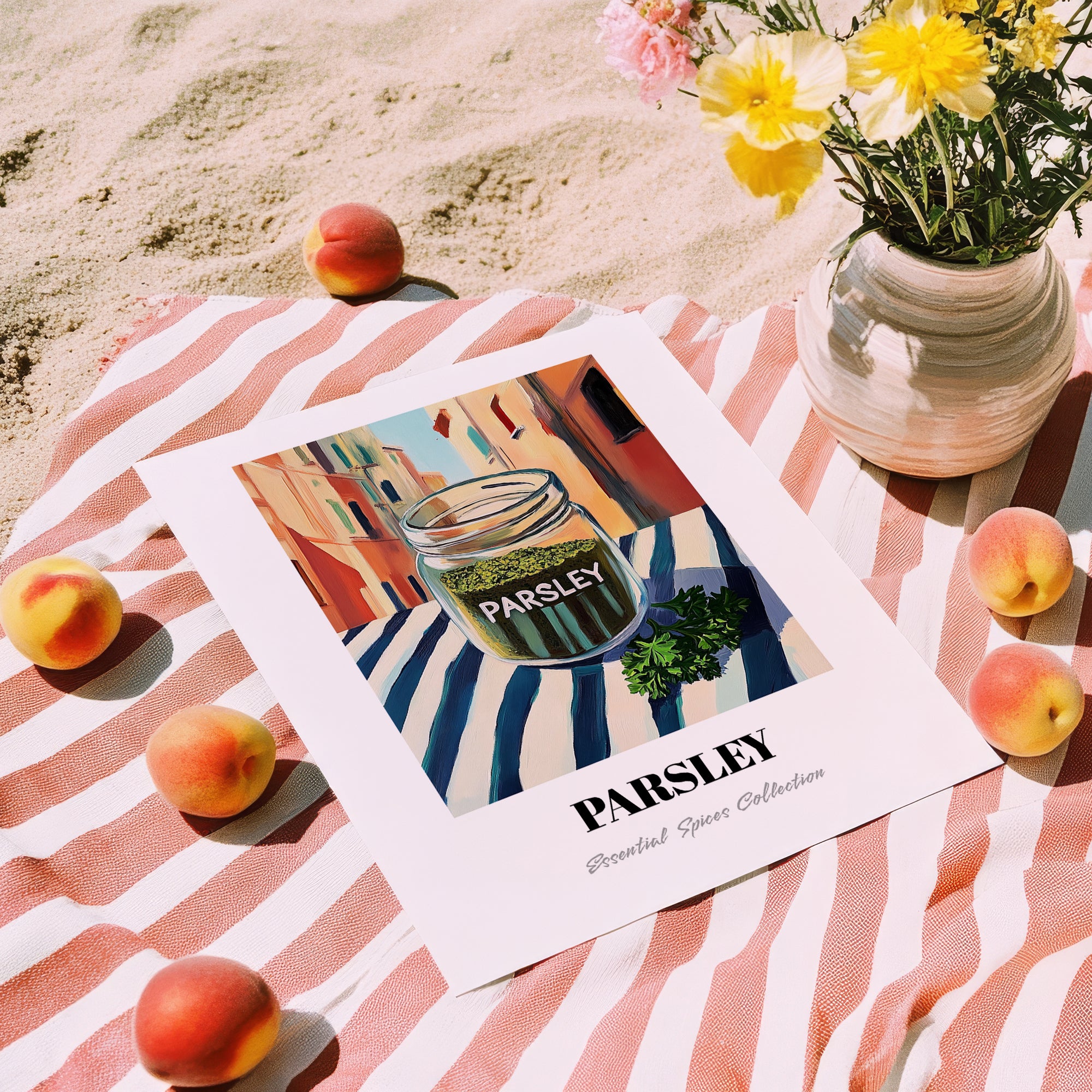 Parsley – Italian Street Café Scene, Spices Poster, unframed on coastal sand