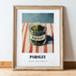 Parsley – on Striped Tablecloth, Spices Wall Decor, in wooden frame leaning on the floor