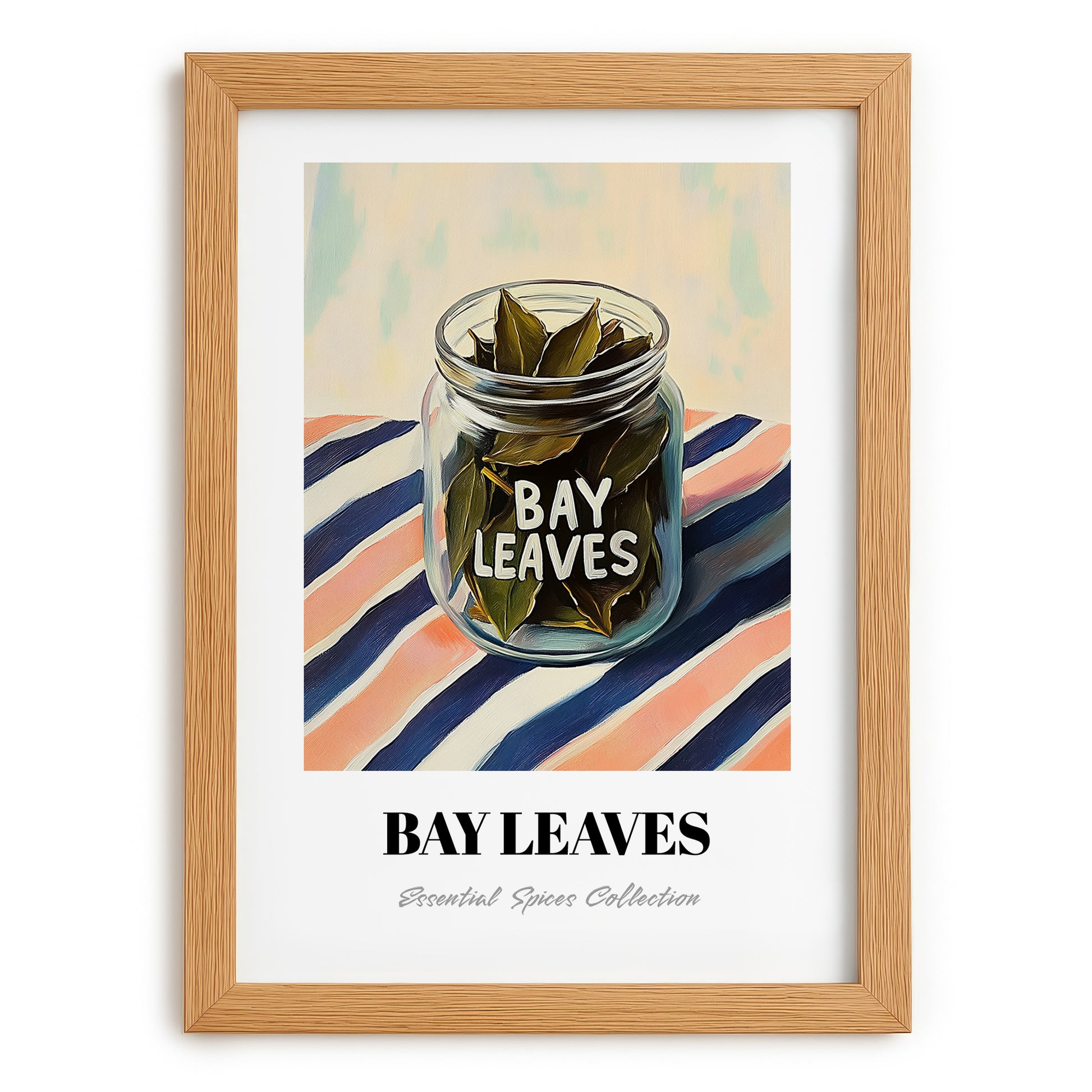 Bay Leaves – on Striped Tablecloth, Spices Wall Decor, set in oak frame