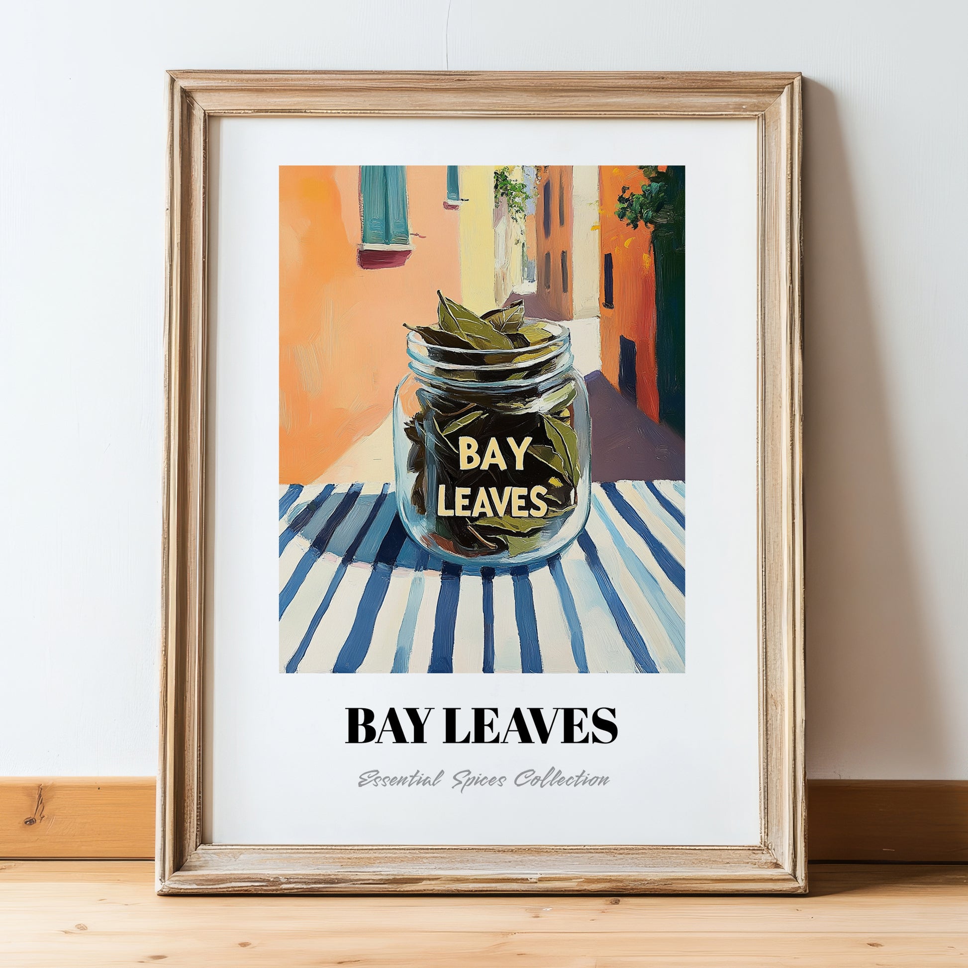 Bay Leaves – Italian Café on the Corner, Spices Illustration, in wooden frame leaning on the floor