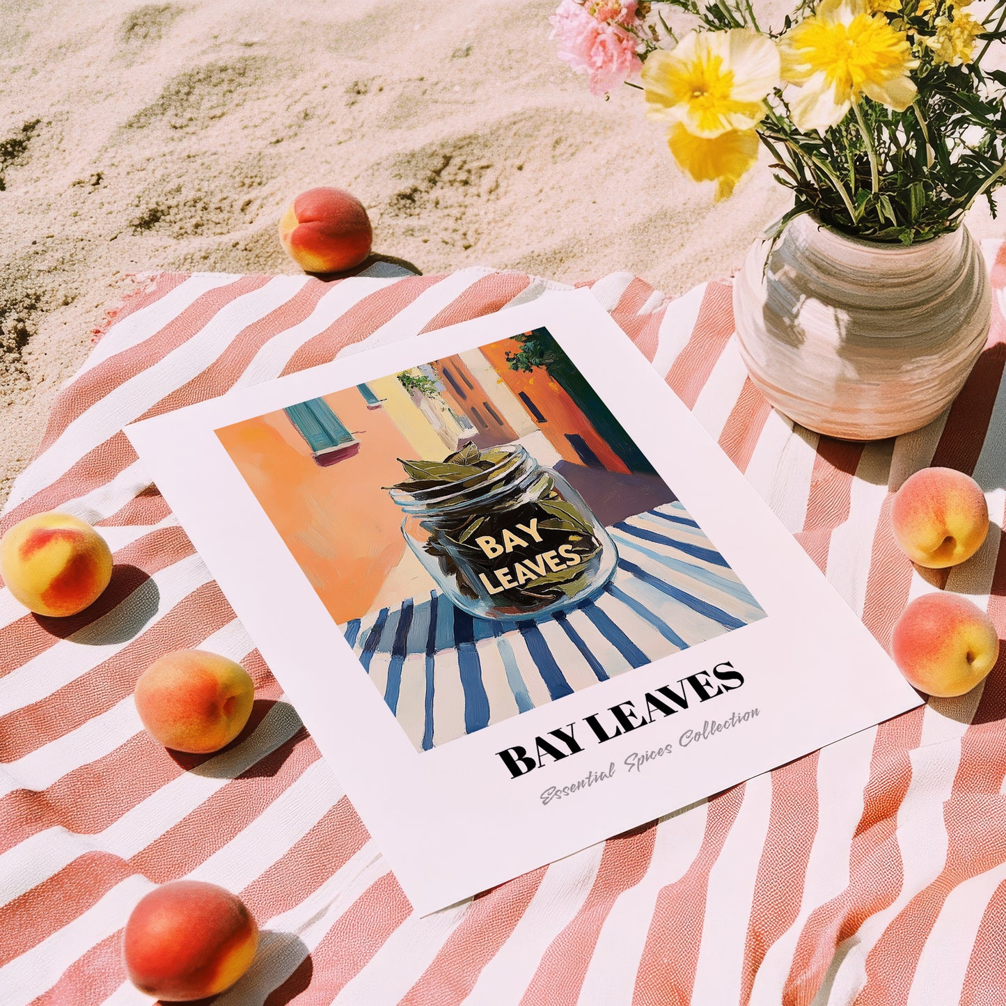 Bay Leaves – Italian Café on the Corner, Spices Illustration, unframed on coastal sand