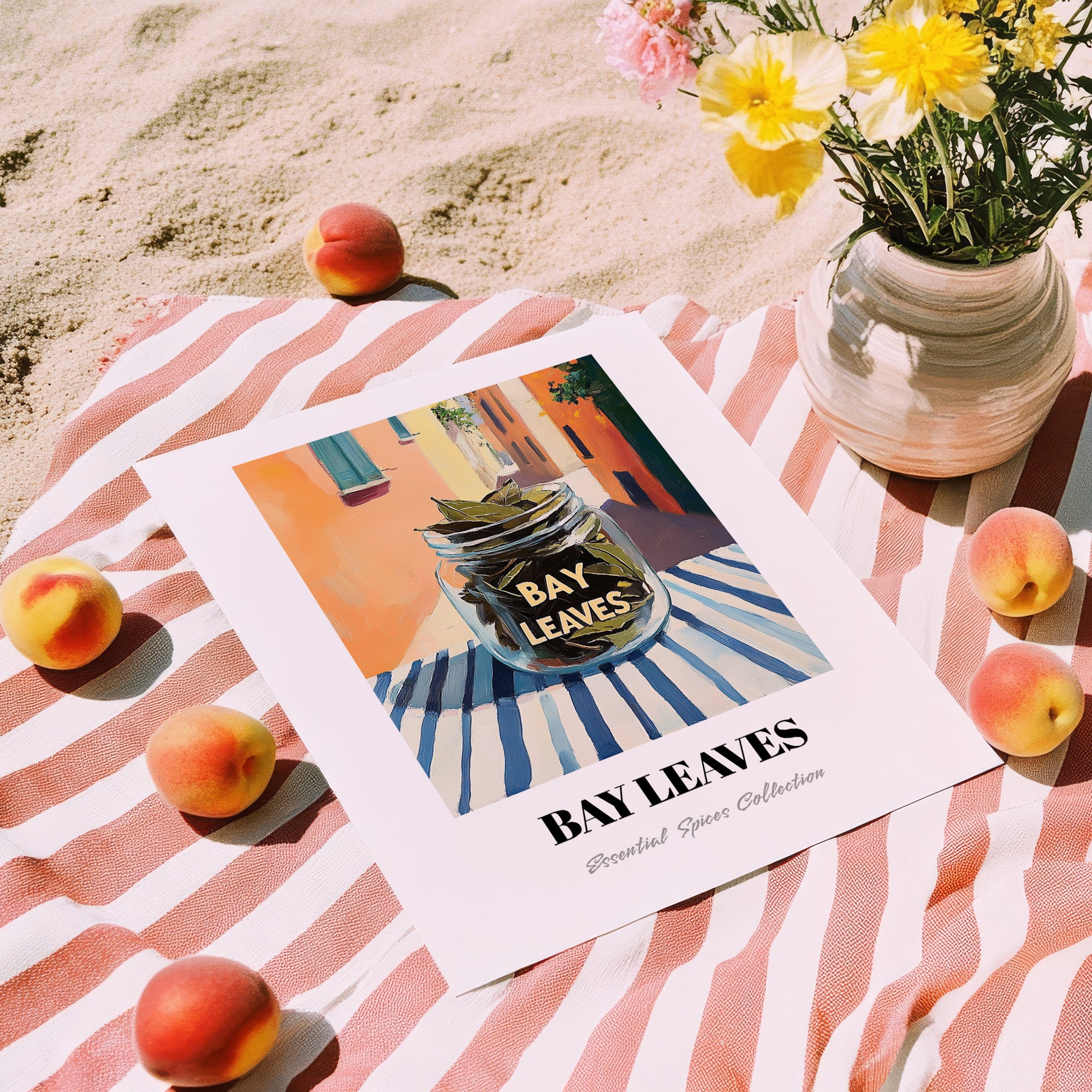 Bay Leaves – Italian Café on the Corner, Spices Illustration, unframed on coastal sand