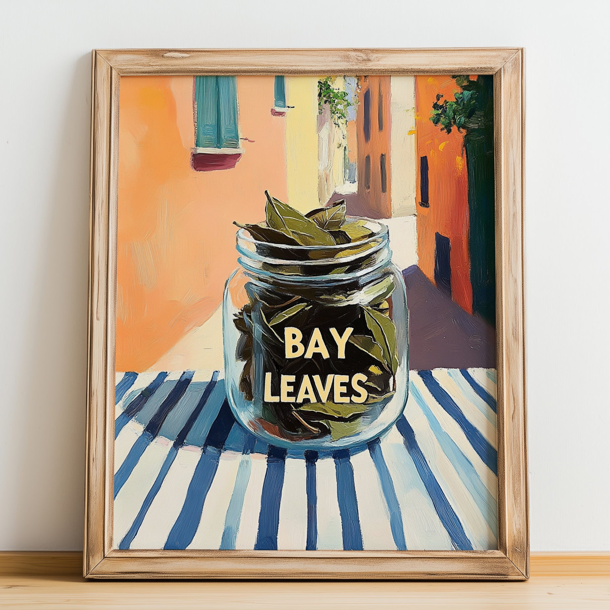 Bay Leaves – Italian Café on the Corner, Spices Illustration, no-text version framed in wood