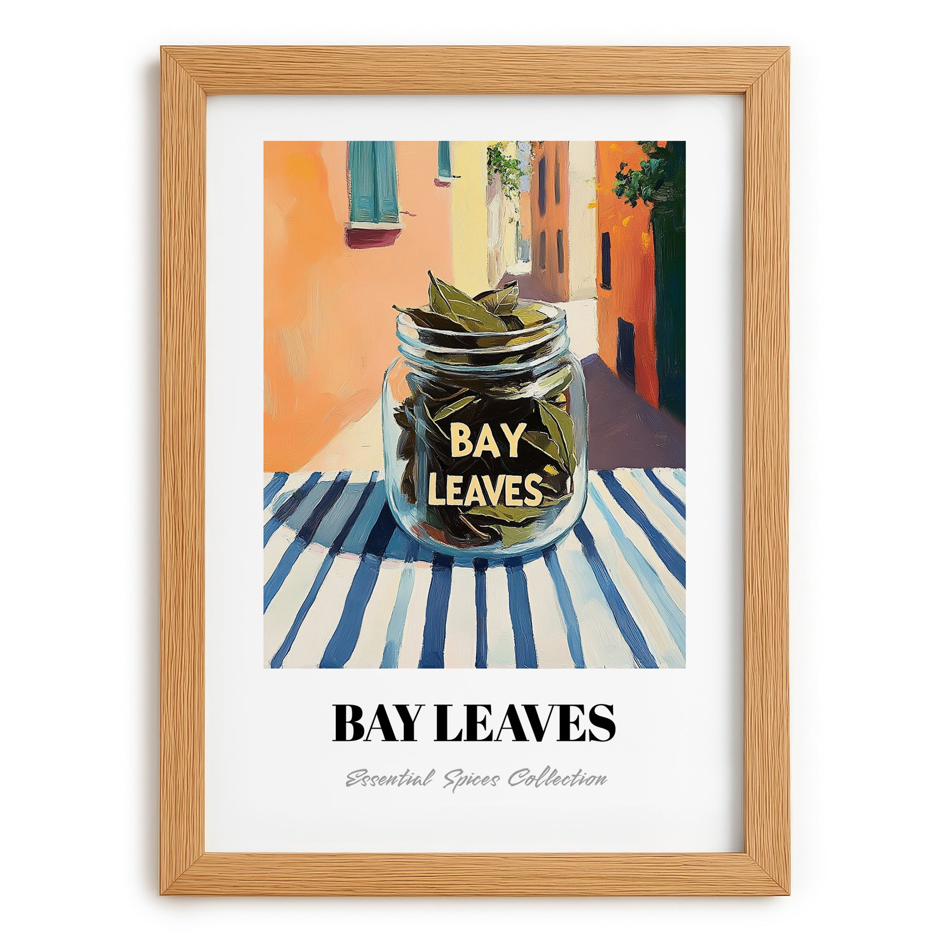 Bay Leaves – Italian Café on the Corner, Spices Illustration, set in oak frame
