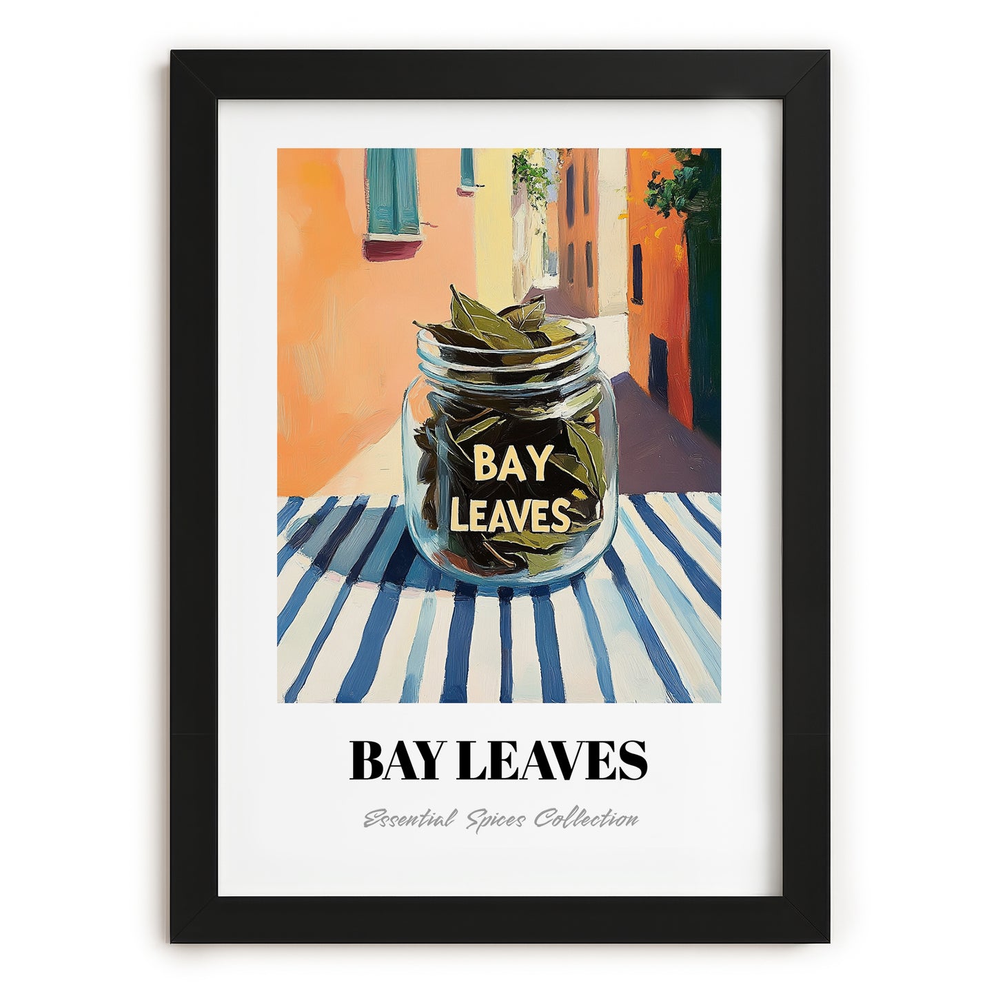 Bay Leaves – Italian Café on the Corner, Spices Illustration, in sleek black frame