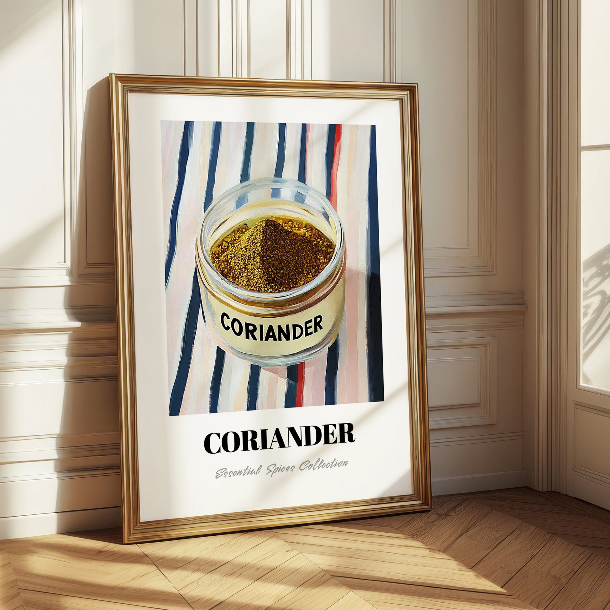 Coriander – on Striped Tablecloth, Spices Poster