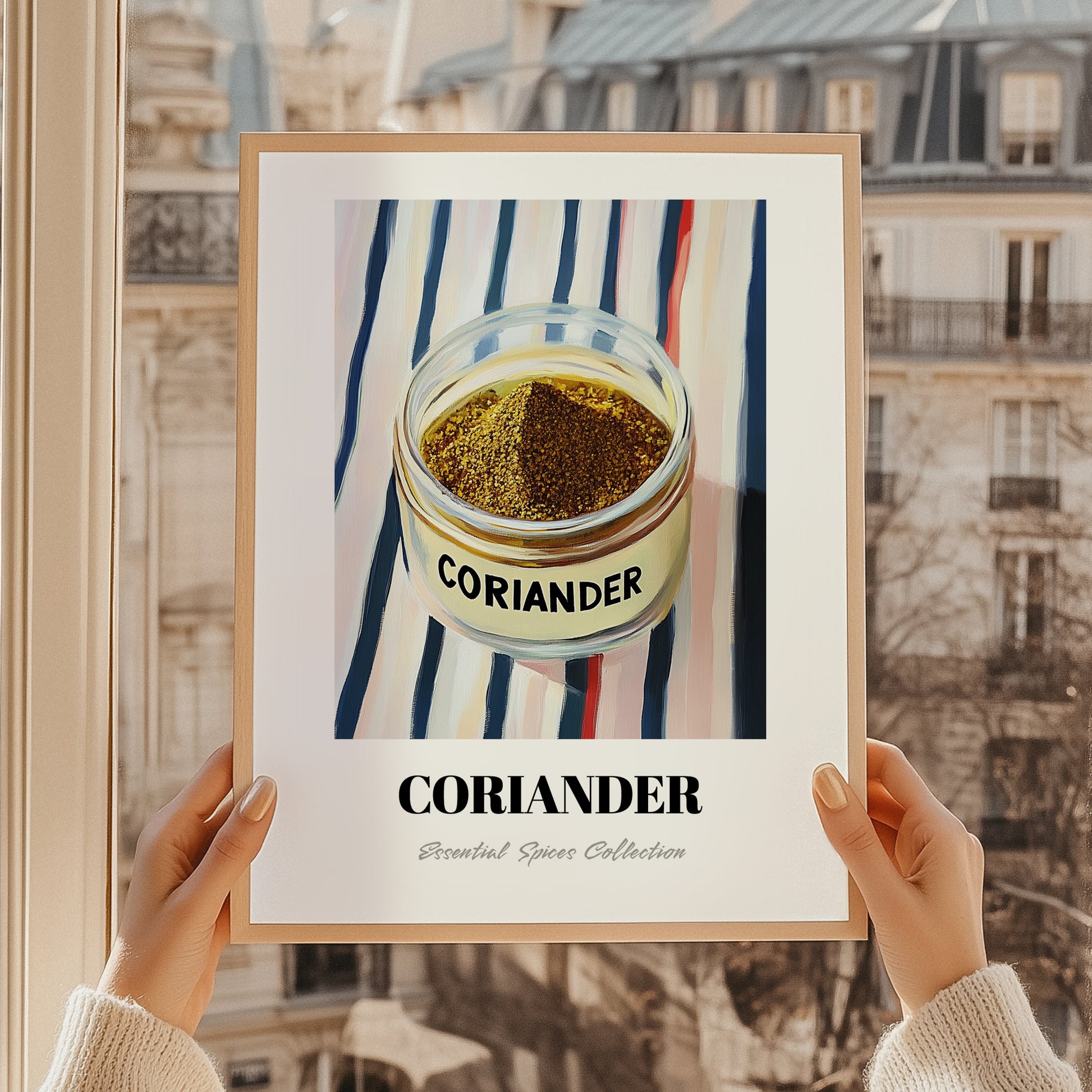 Coriander – on Striped Tablecloth, Spices Poster, styled in a charming Paris street view