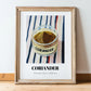 Coriander – on Striped Tablecloth, Spices Poster, in wooden frame leaning on the floor