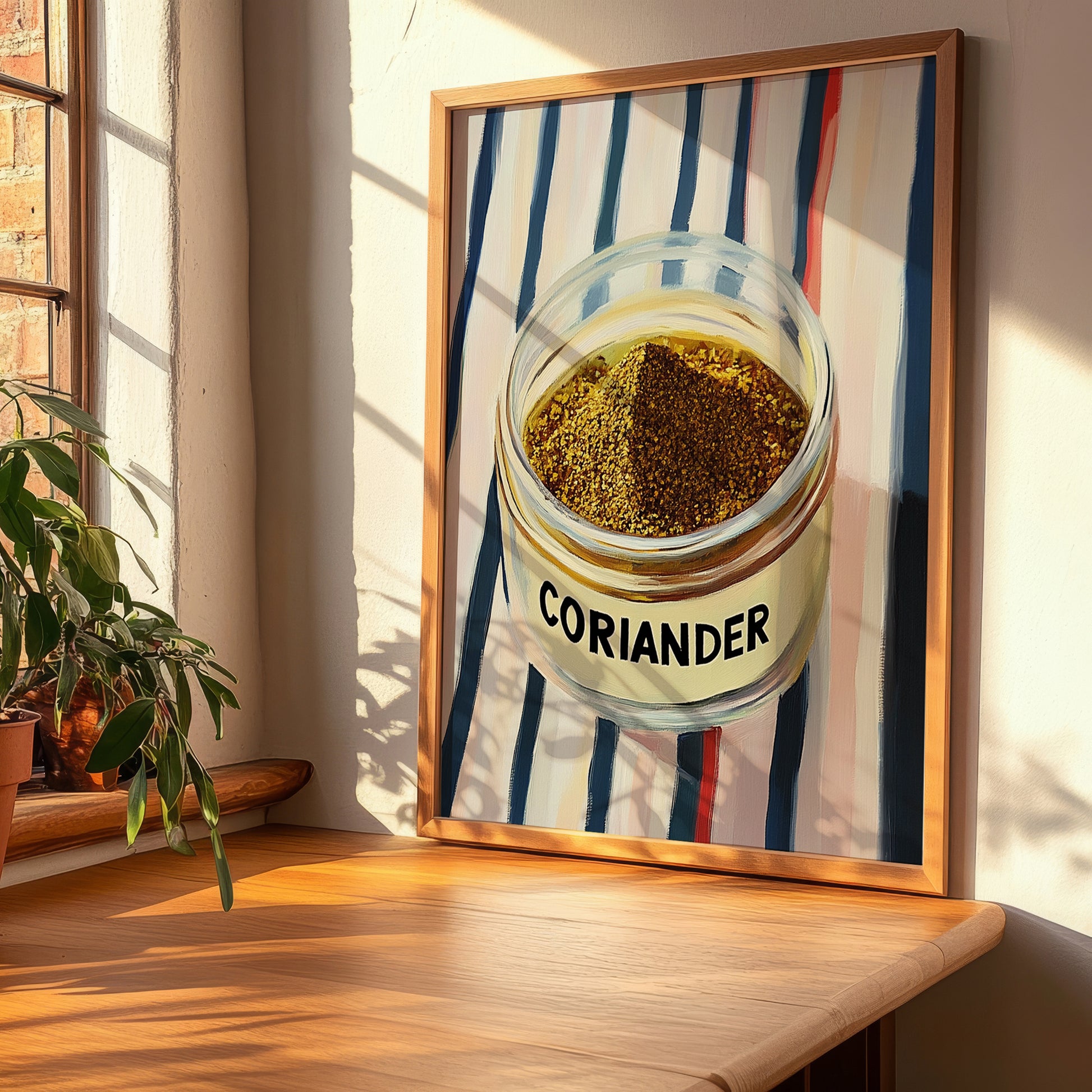 Coriander – on Striped Tablecloth, Spices Poster, clean layout with no caption