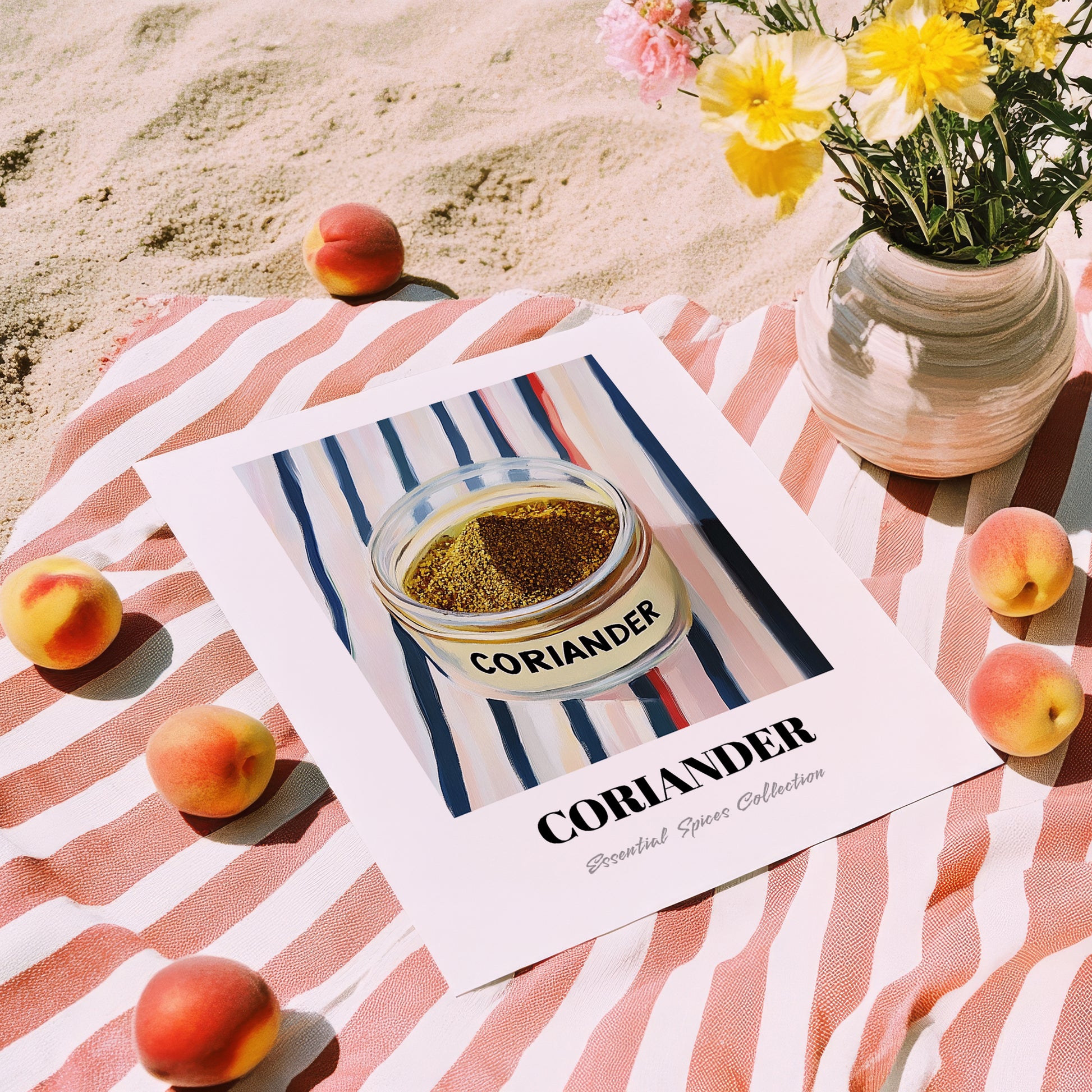 Coriander – on Striped Tablecloth, Spices Poster, unframed on coastal sand
