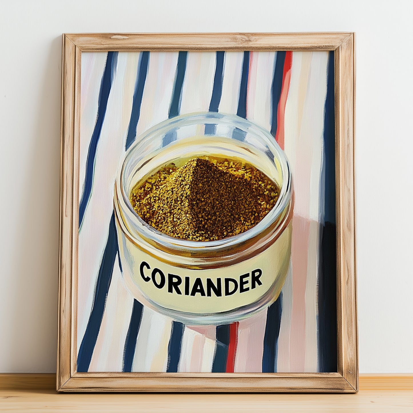 Coriander – on Striped Tablecloth, Spices Poster, no-text version framed in wood
